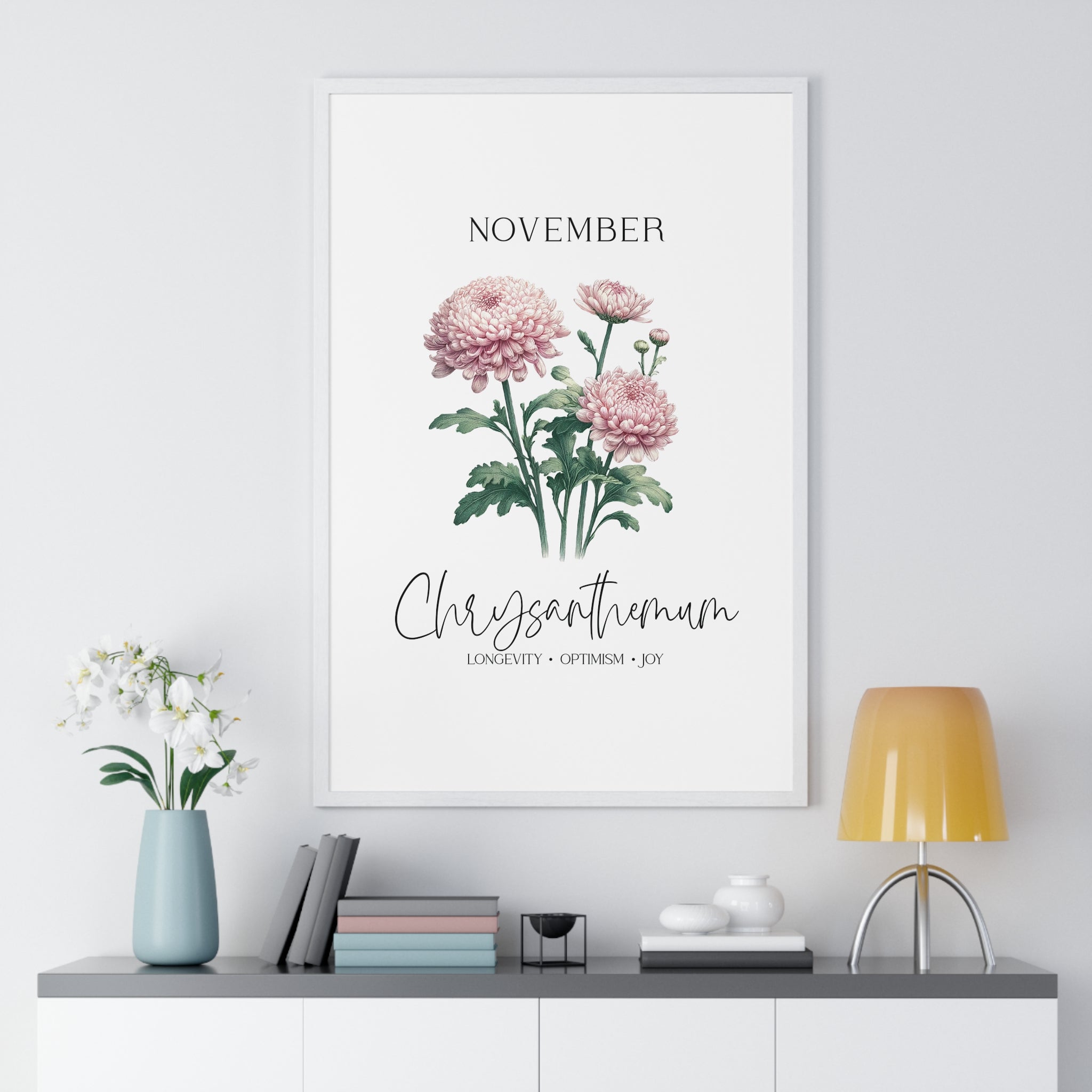 November Birth Month Flower Wall Art – Chrysanthemum Illustration in Wooden Frame | Longevity, Optimism & Joy