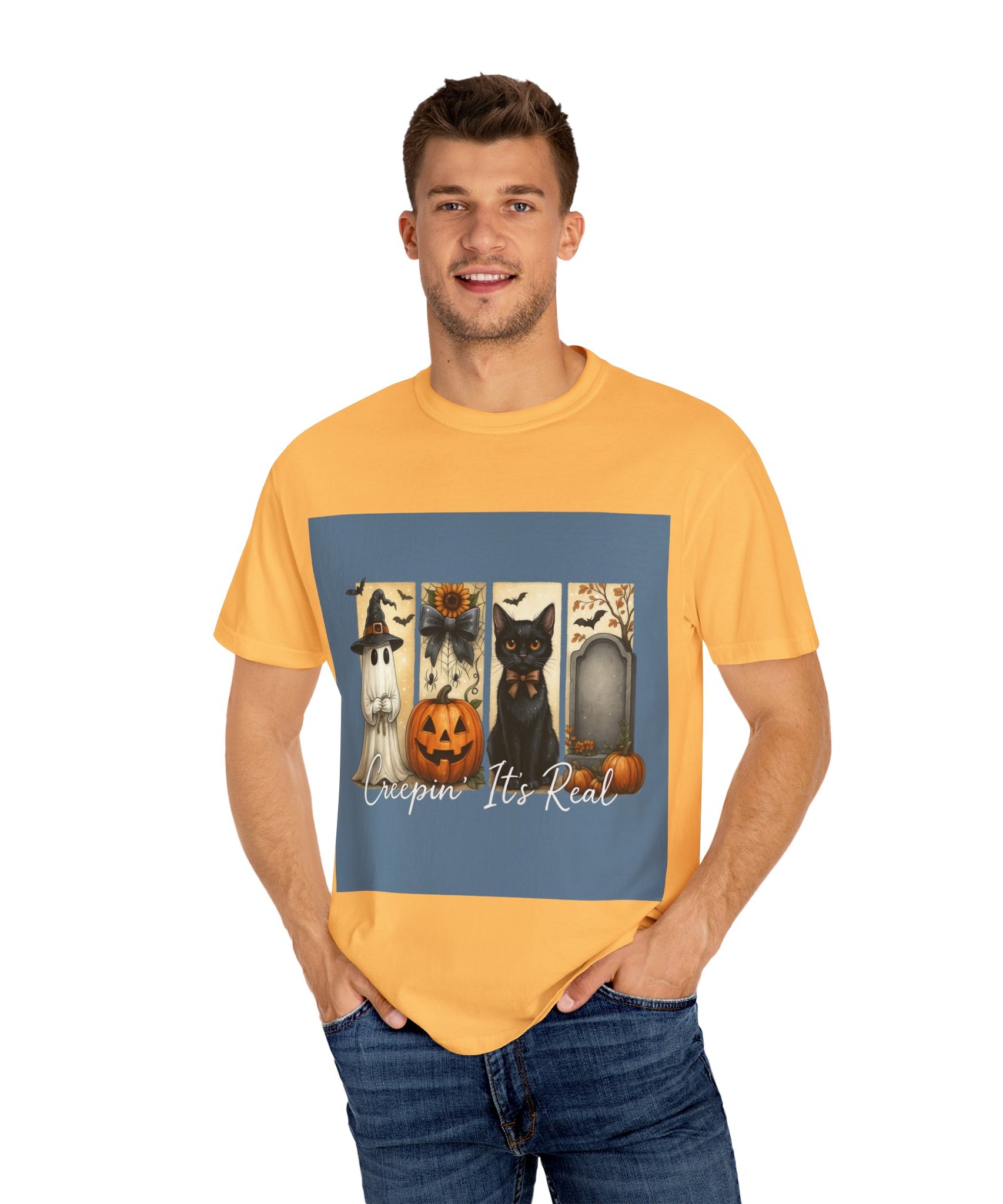 Creepin’ It’s Real Halloween T-Shirt – Cute Ghost, Pumpkin, Black Cat & Tombstone Design - Gallory Hive