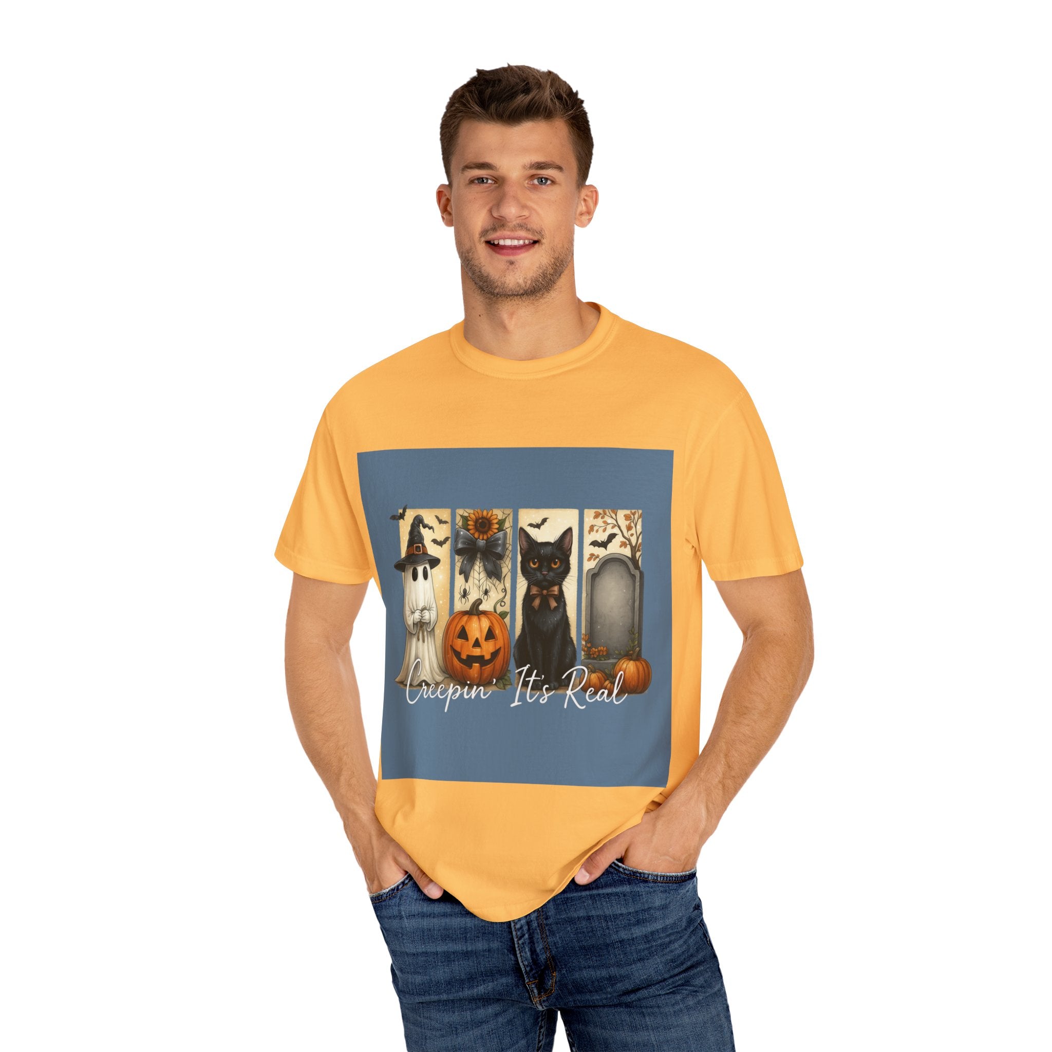 Creepin’ It’s Real Halloween T-Shirt – Cute Ghost, Pumpkin, Black Cat & Tombstone Design