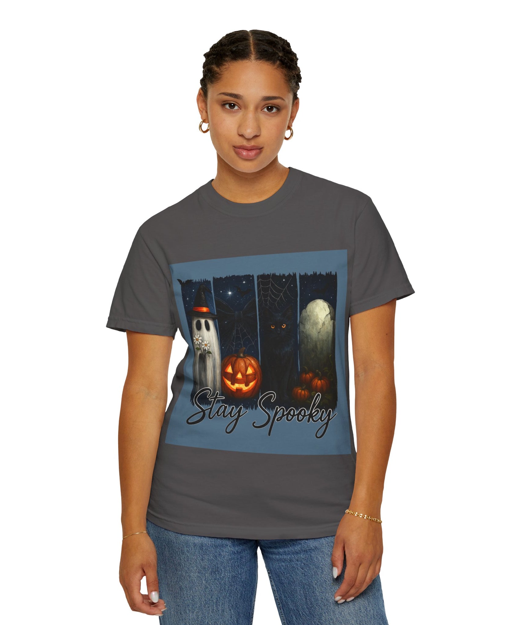 Stay Spooky Halloween T-Shirt – Cute Ghost, Black Cat, Pumpkin & Graveyard Design - Gallory Hive