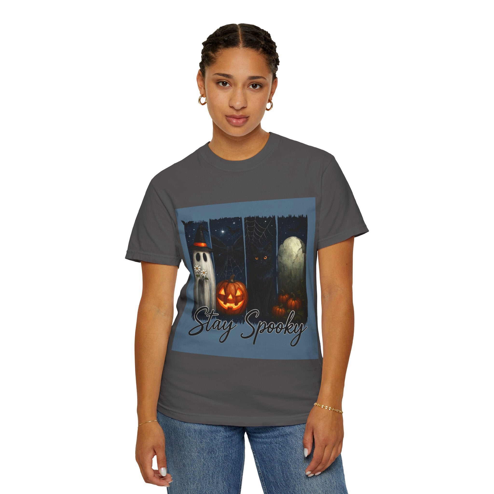 Stay Spooky Halloween T-Shirt – Cute Ghost, Black Cat, Pumpkin & Graveyard Design