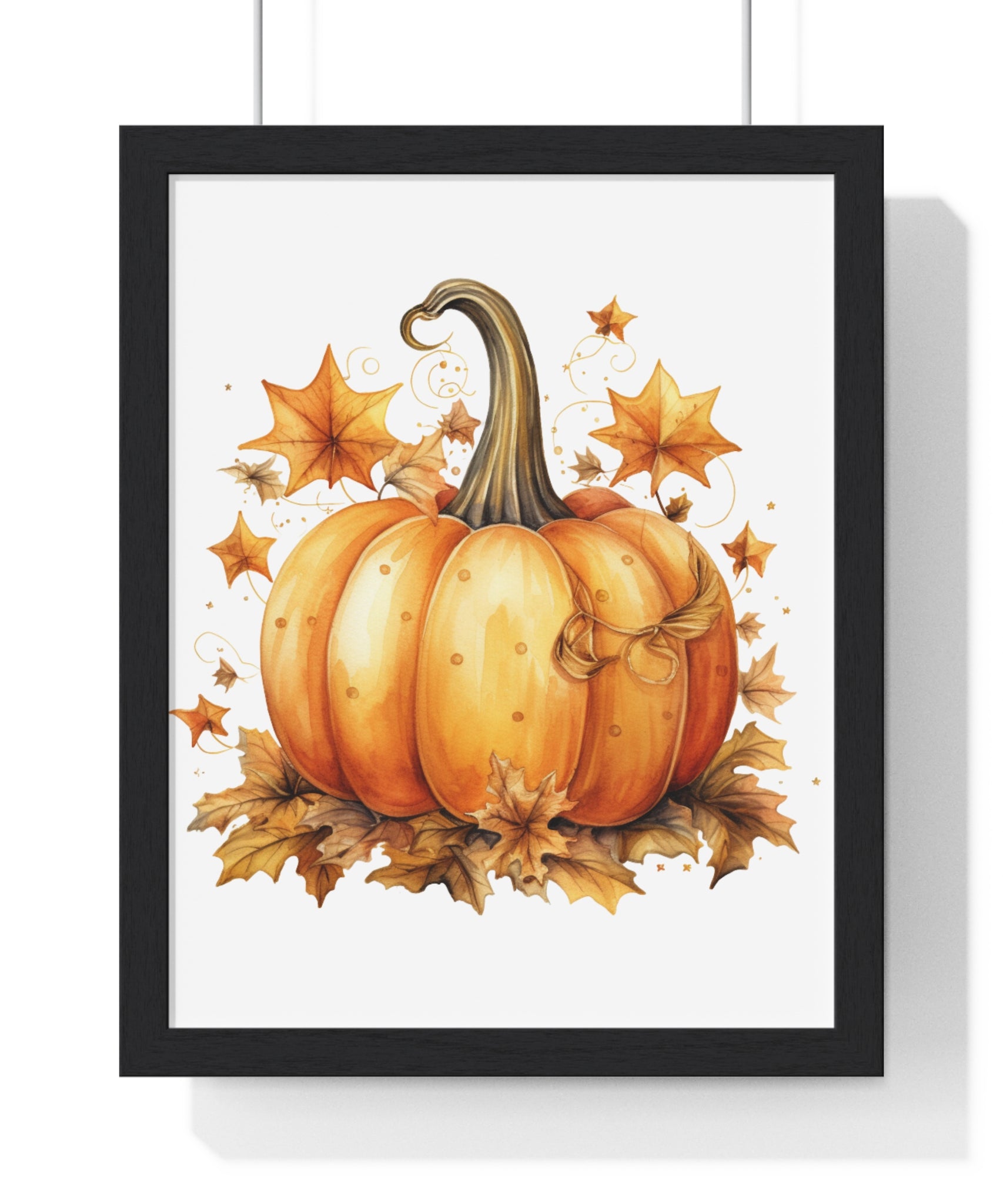 Decorative Autumn Pumpkin Wall Art – Bow-Tied Harvest Poster with Leaves & Swirls | Wooden Frame Fall Decor