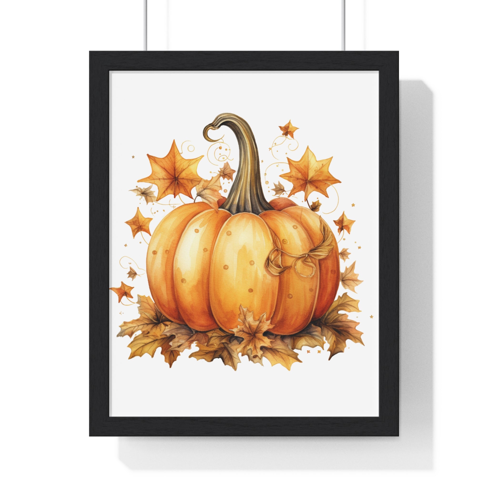 Decorative Autumn Pumpkin Wall Art – Bow-Tied Harvest Poster with Leaves & Swirls | Wooden Frame Fall Decor