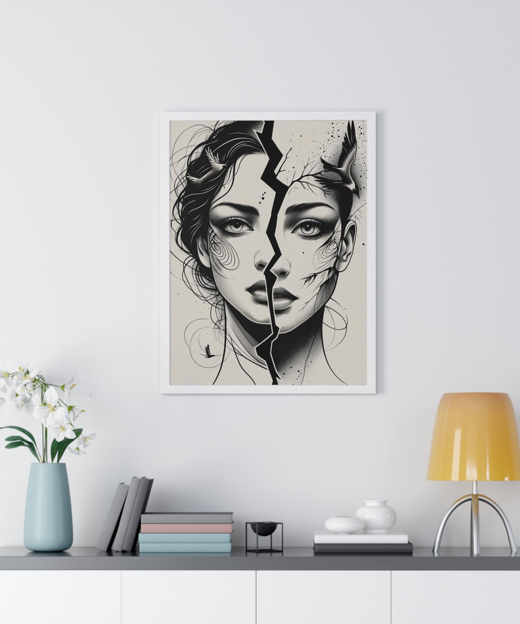 Vertical Framed Poster, Women Split Face Home Decor Art Modern Wall Unique Gift Inspirational Artwork, Wall Hanging Art Print - Gallory Hive