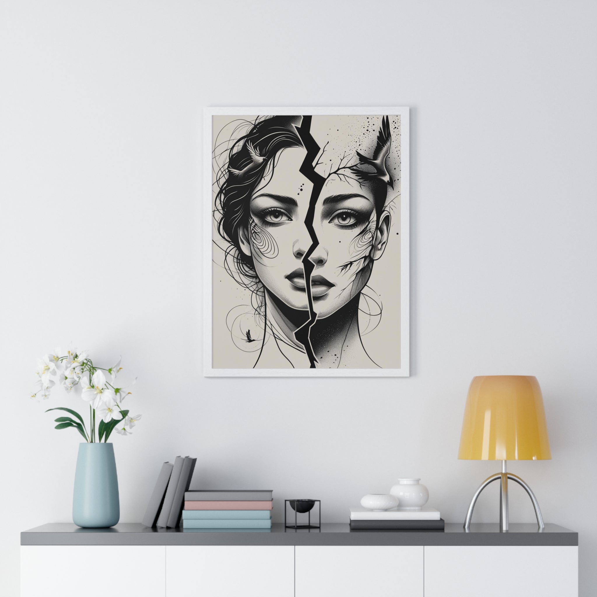 Vertical Framed Poster, Women Split Face Home Decor Art Modern Wall Unique Gift Inspirational Artwork, Wall Hanging Art Print - Gallory Hive
