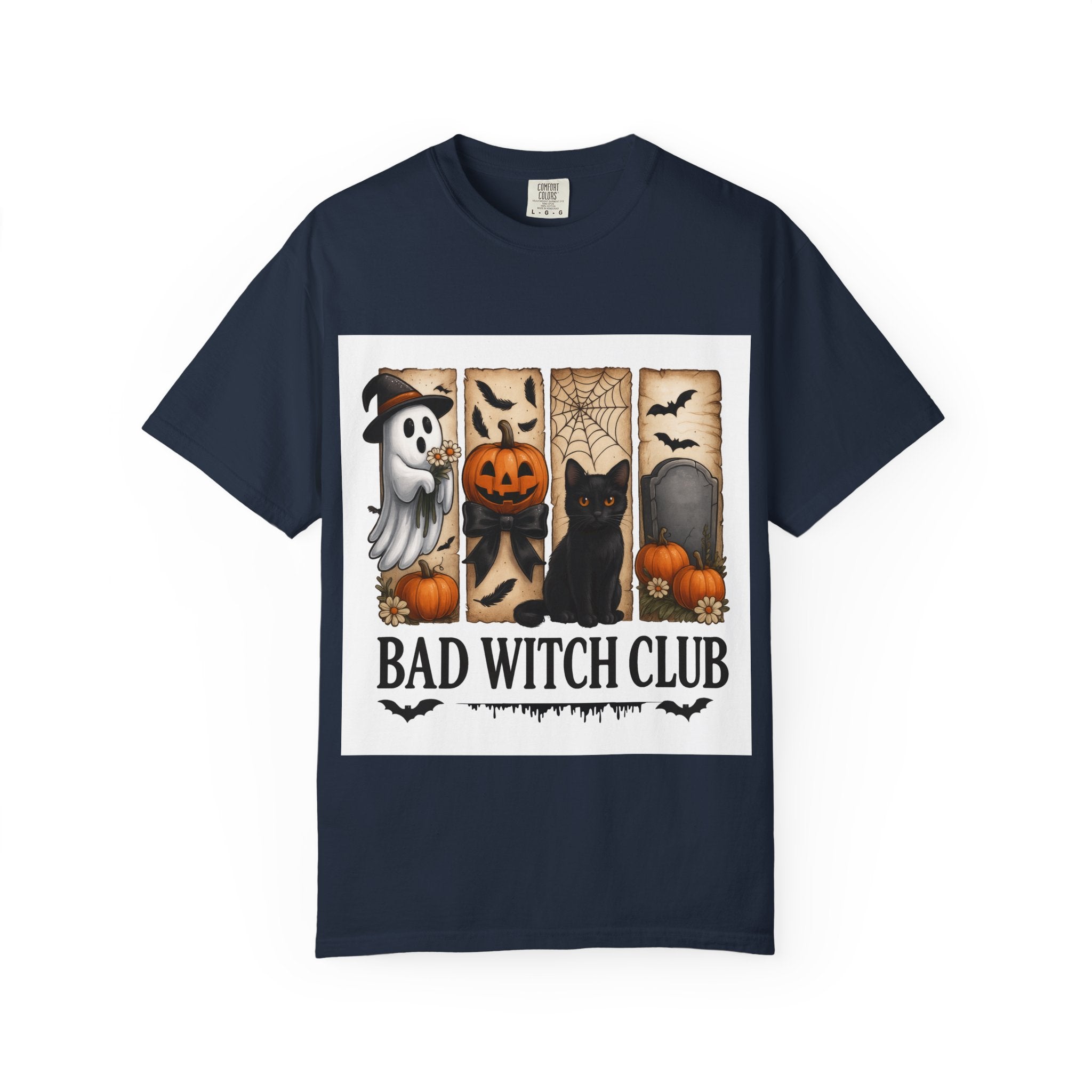 Bad Witch Club Halloween T-Shirt – Cute Ghost, Black Cat, Pumpkin & Spooky Gothic Design