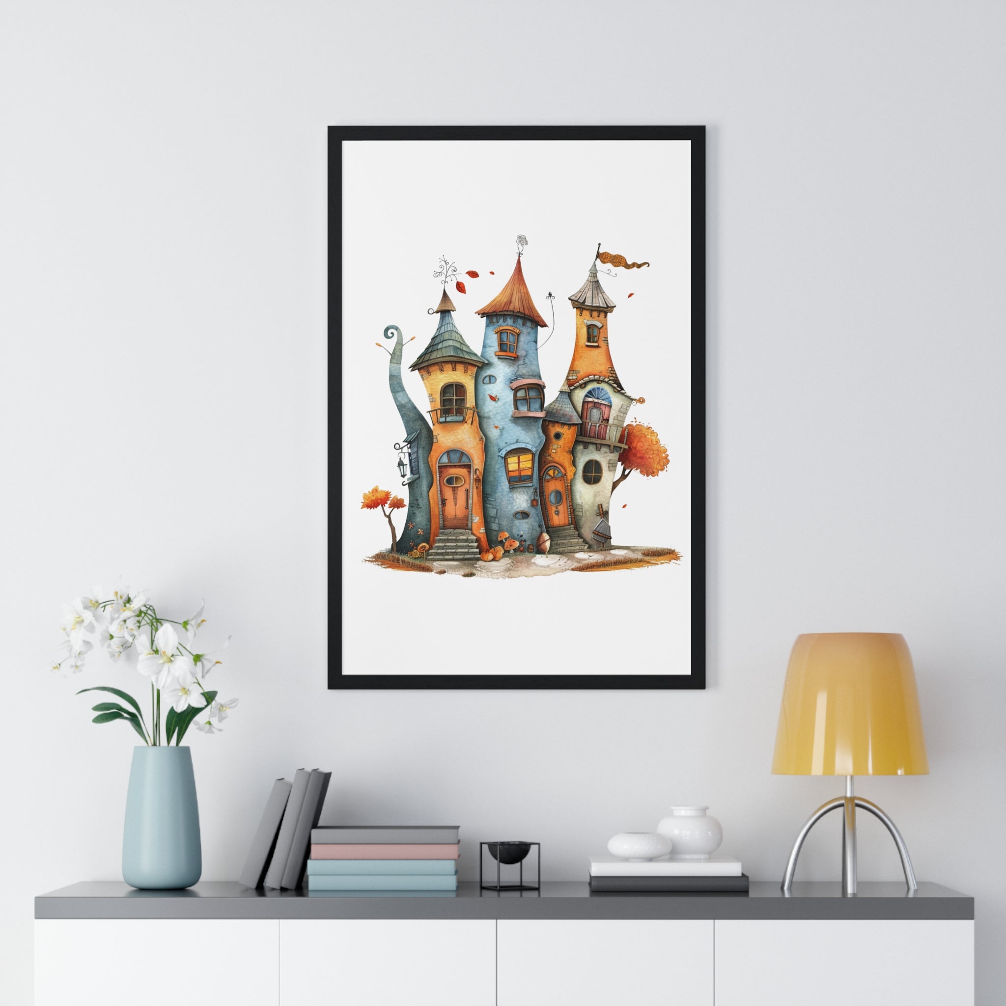 Whimsical Autumn Townhouses – Wooden Framed Wall Art
