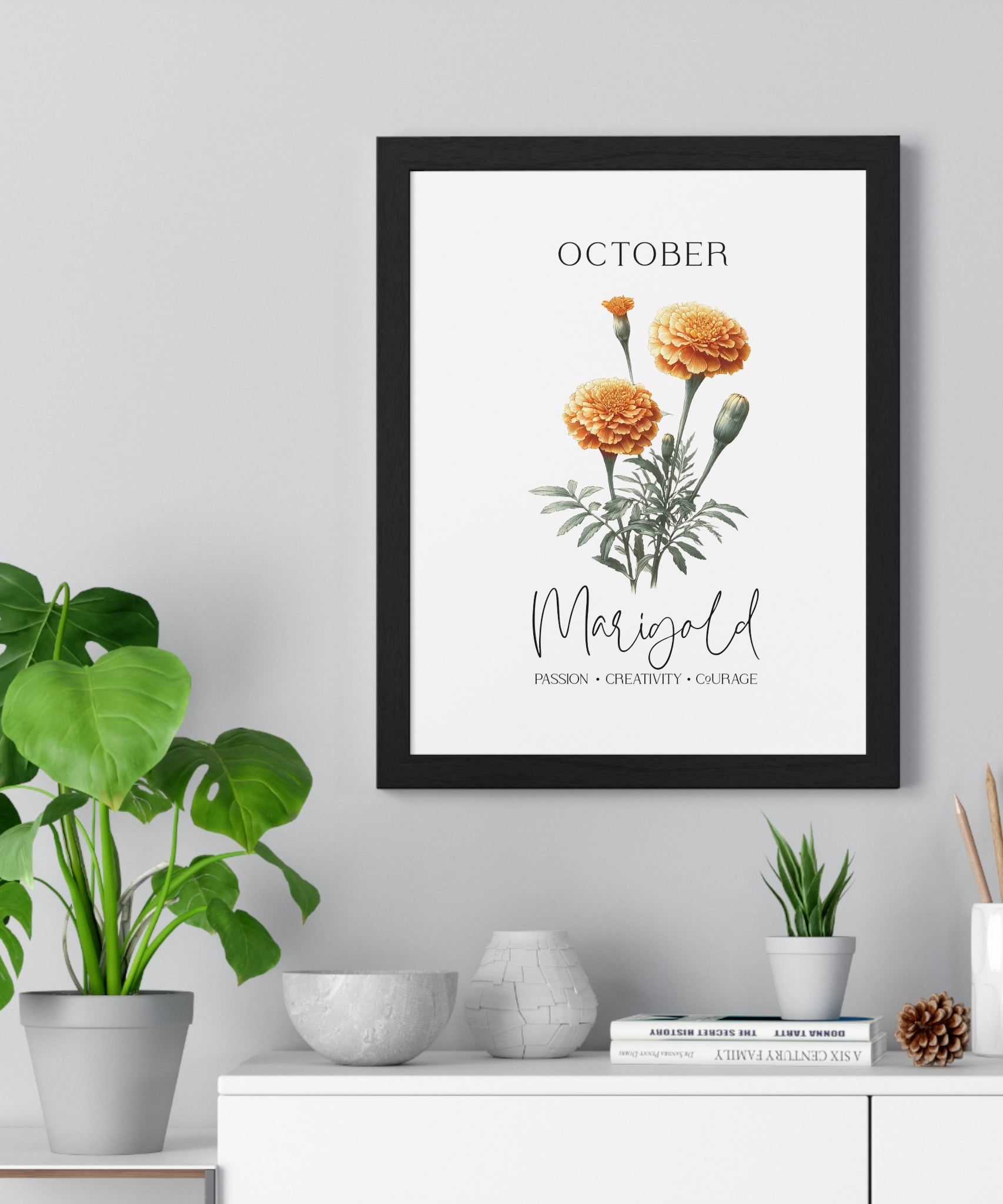 October Birth Month Flower Wall Art – Marigold Illustration in Wooden Frame | Passion, Creativity & Courage