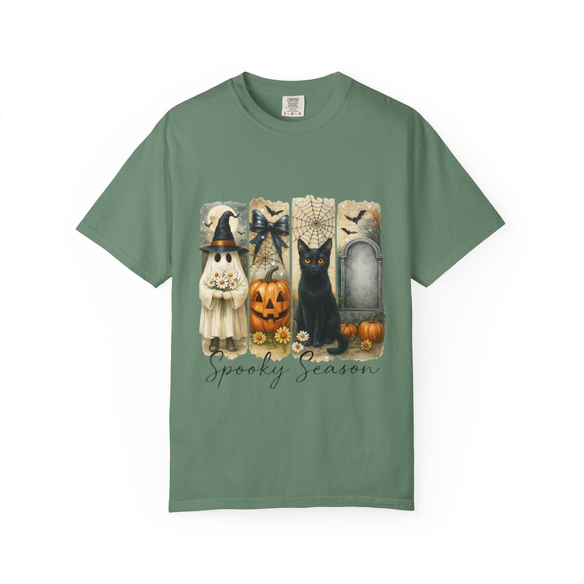 Spooky Season Halloween Unisex T-Shirt – Ghost, Black Cat & Pumpkin Design