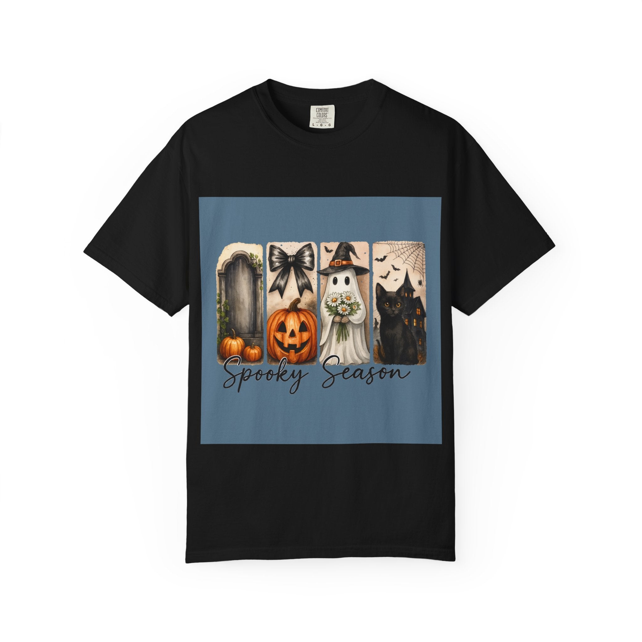 Spooky Season Unisex Halloween T-Shirt – Ghost, Black Cat, Pumpkin & Haunted House Art