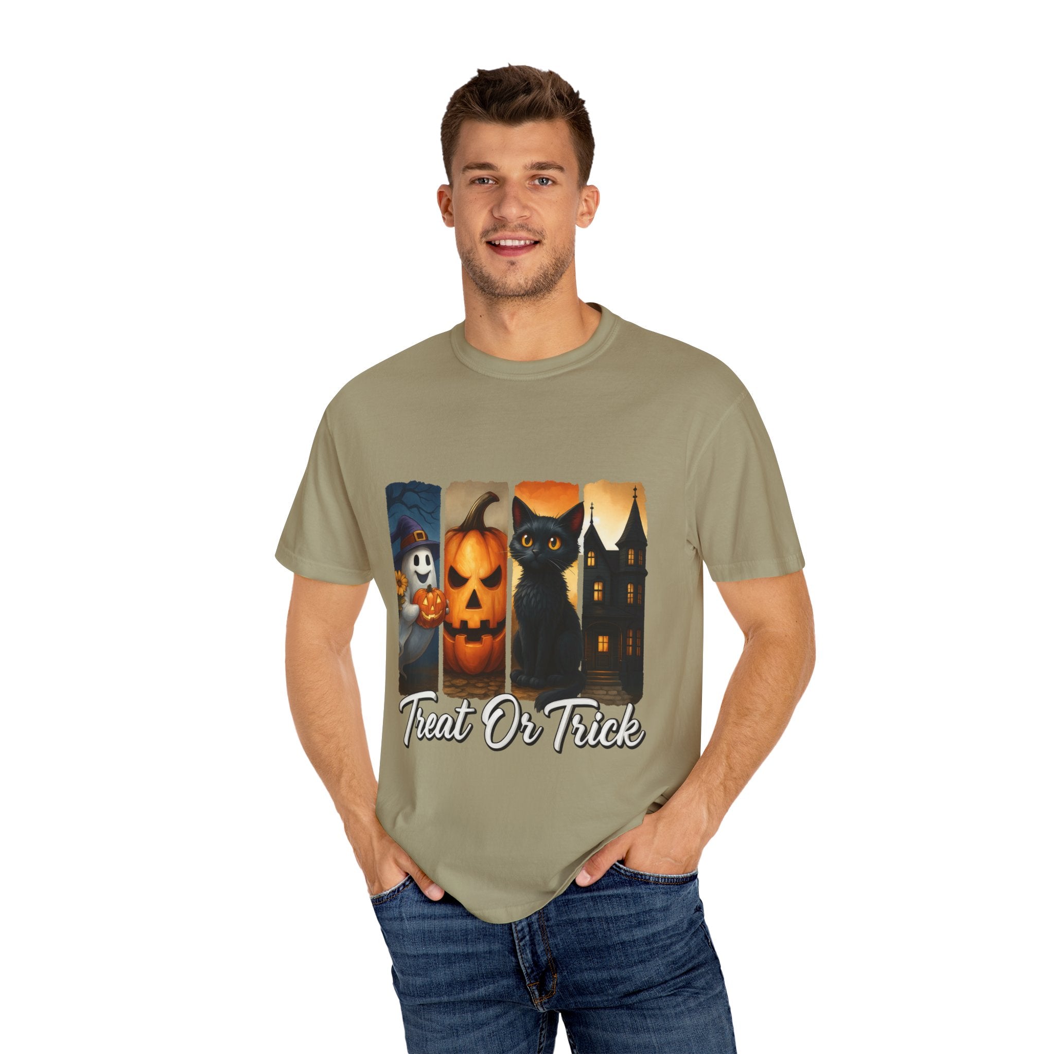 Treat Or Trick Halloween T-Shirt – Cute Ghost, Pumpkin, Black Cat & Haunted House Design