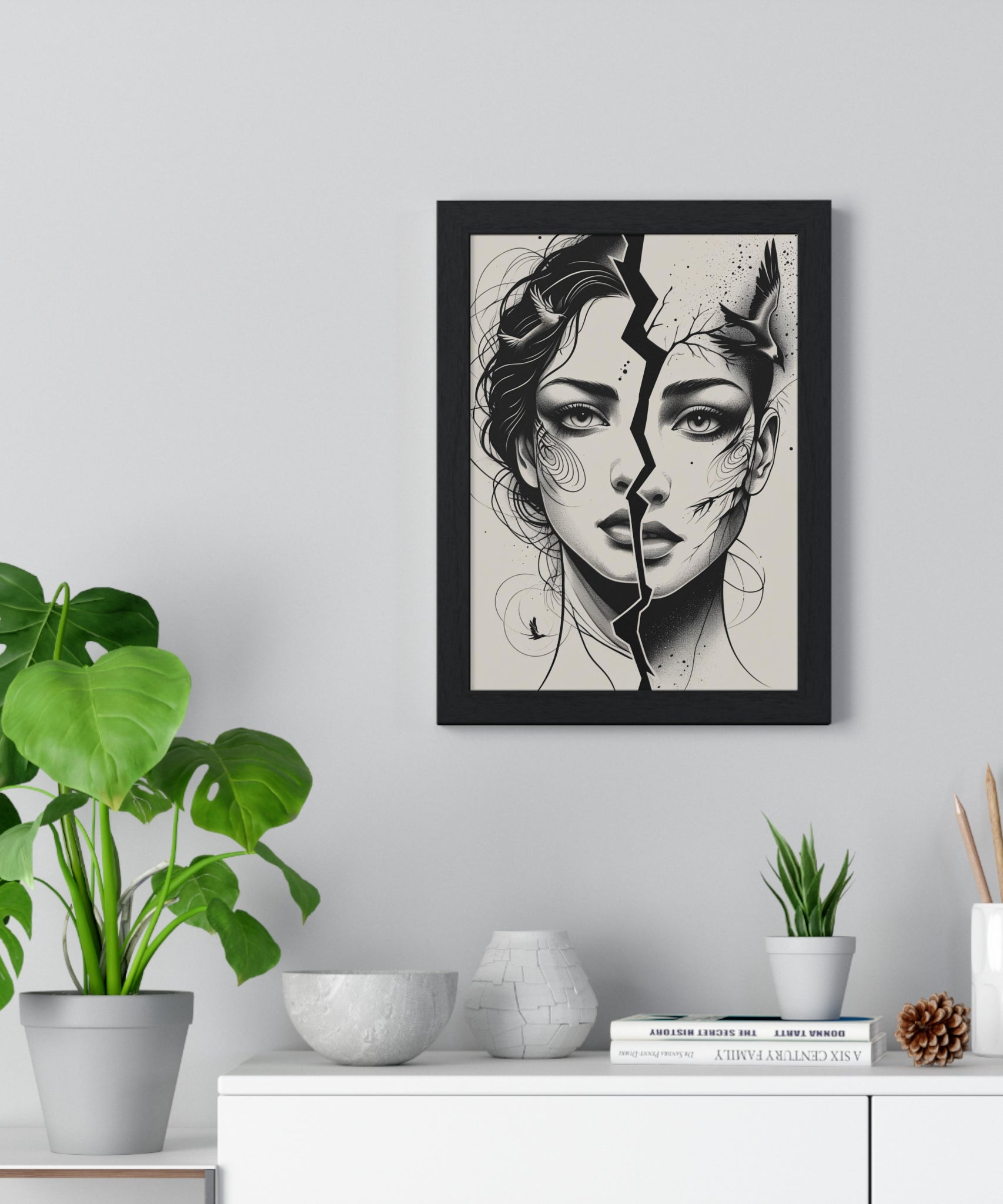 Vertical Framed Poster, Women Split Face Home Decor Art Modern Wall Unique Gift Inspirational Artwork, Wall Hanging Art Print - Gallory Hive