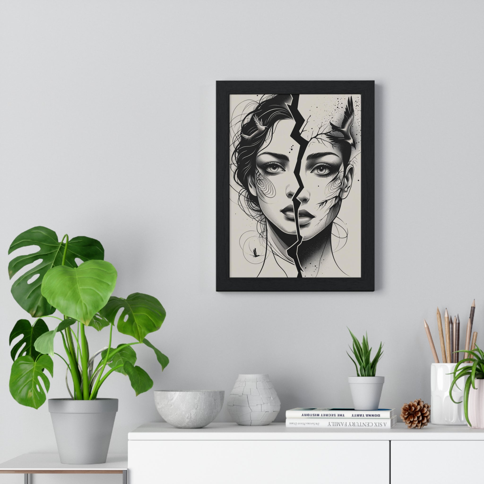 Vertical Framed Poster, Women Split Face Home Decor Art Modern Wall Unique Gift Inspirational Artwork, Wall Hanging Art Print