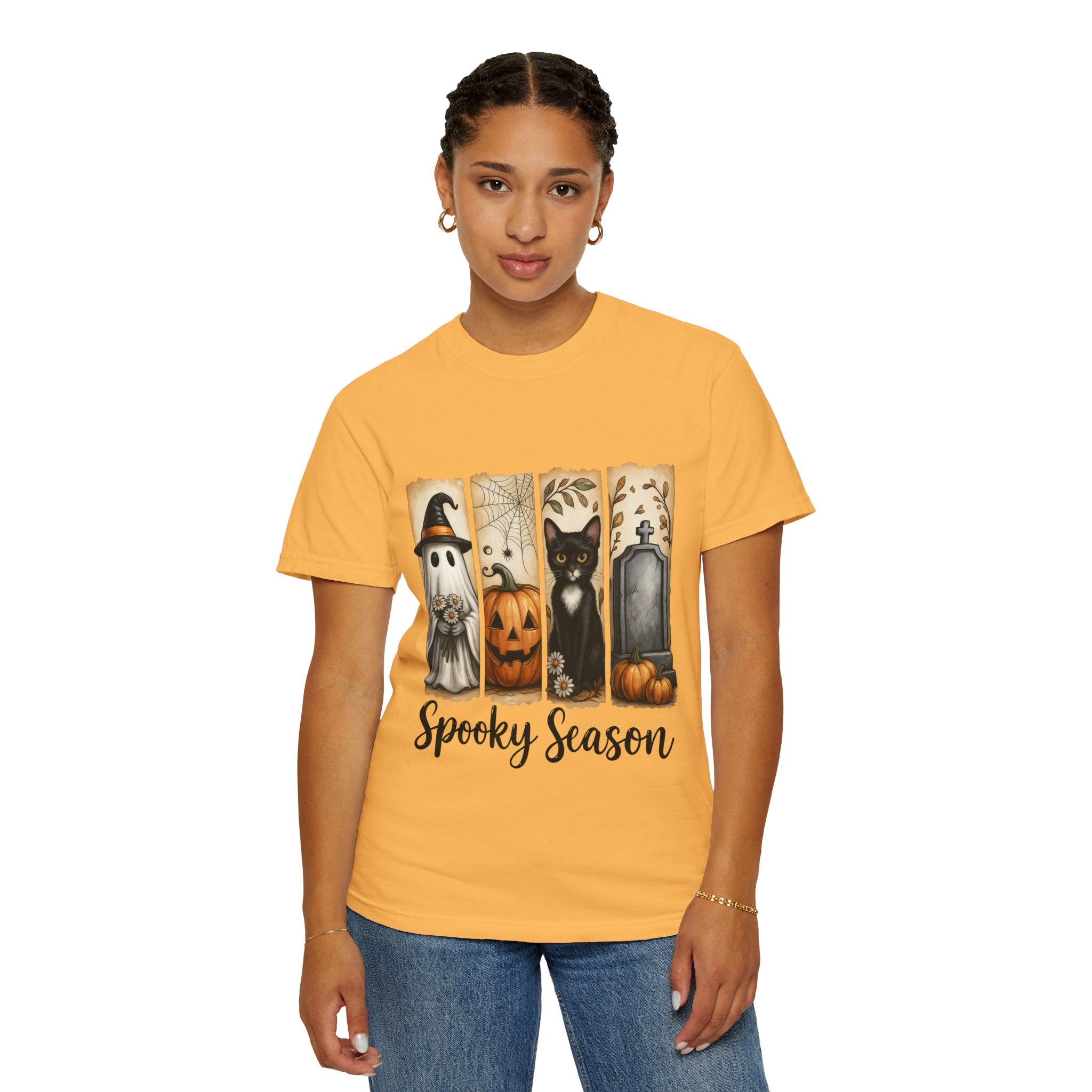 Spooky Season Halloween Unisex T-Shirt – Ghost, Cat & Pumpkin Design