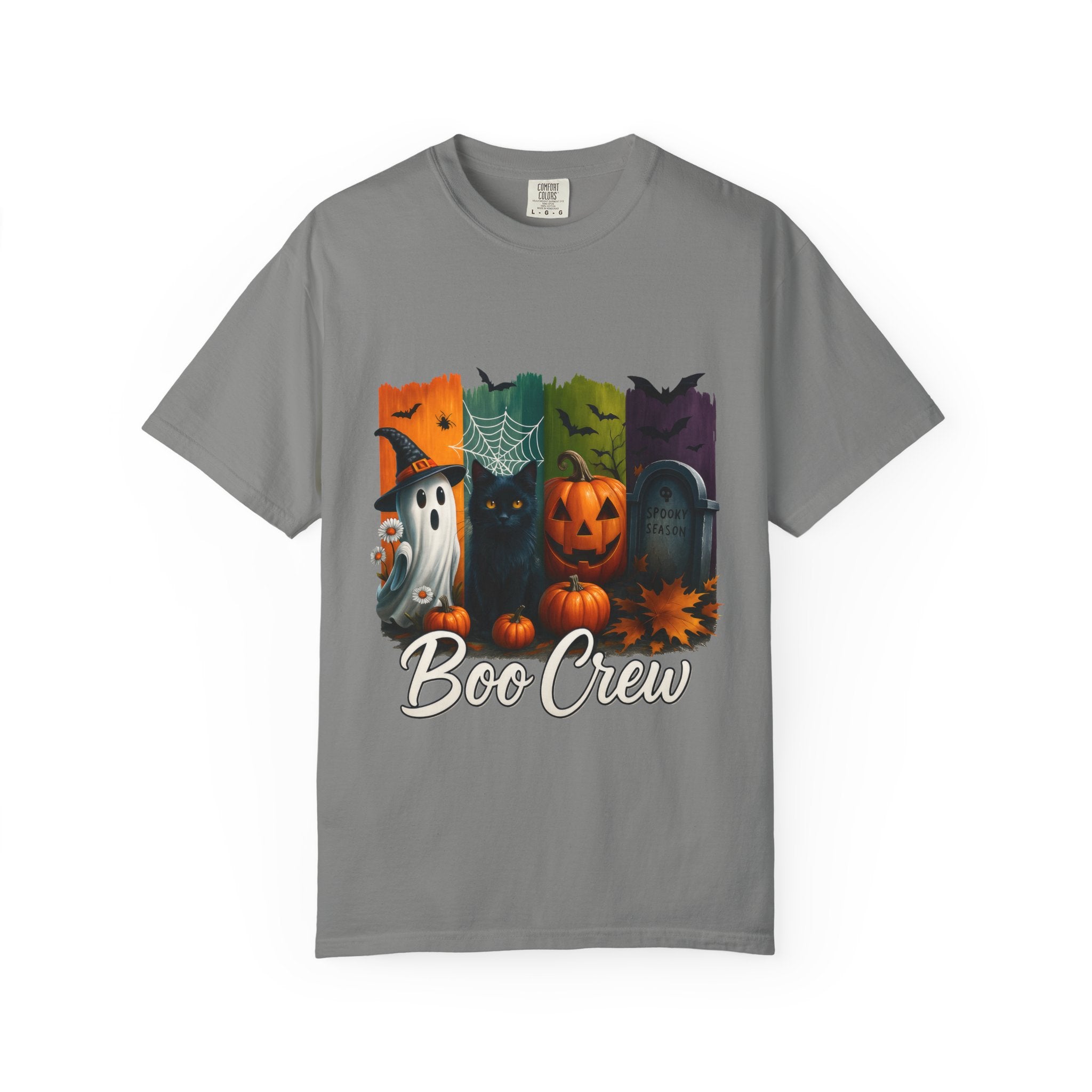 Boo Crew Halloween Unisex T-Shirt – Cute Ghost, Black Cat, Pumpkin & Tombstone Design