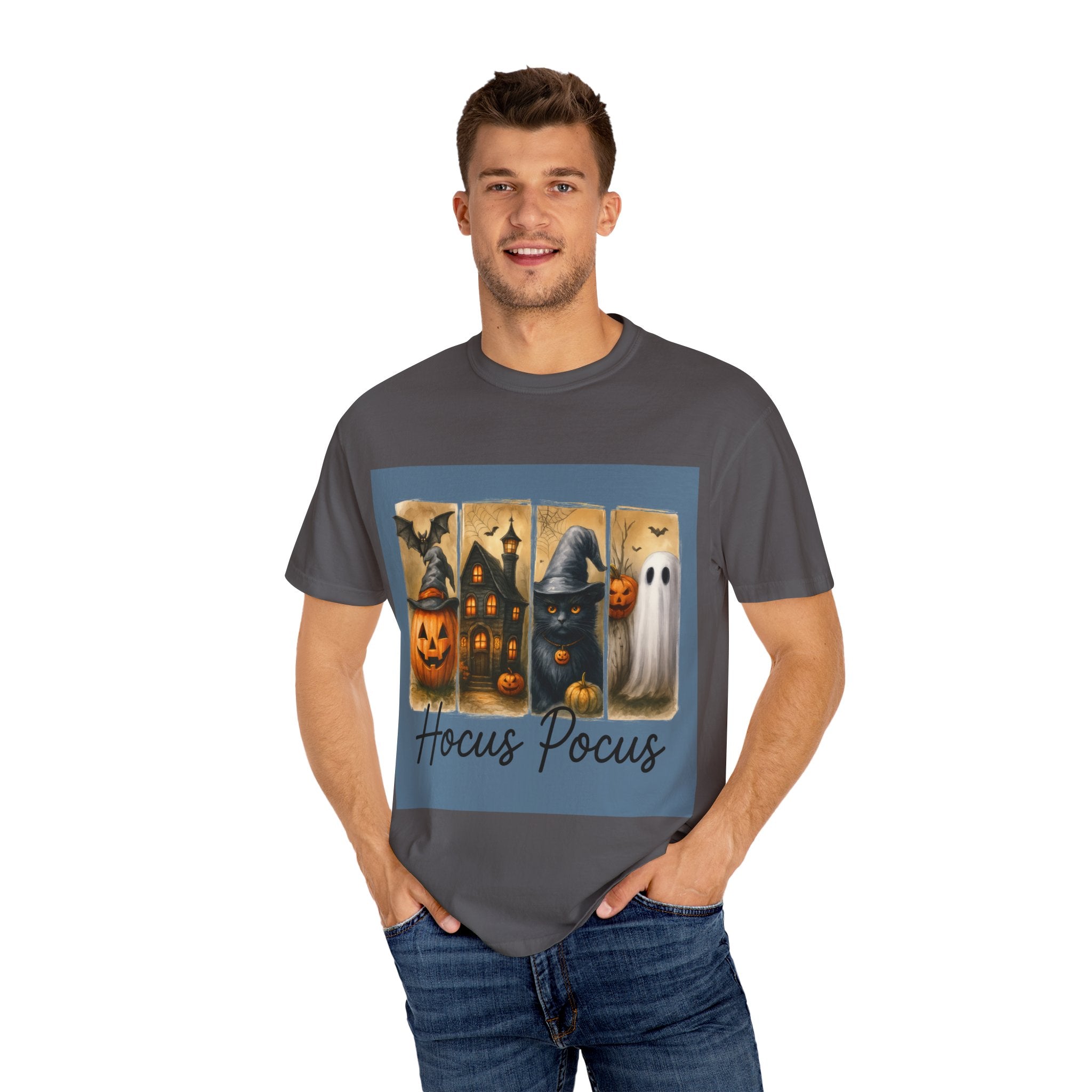 Hocus Pocus Halloween Unisex T-Shirt – Witchy Cat, Haunted House, Pumpkin & Ghost Art