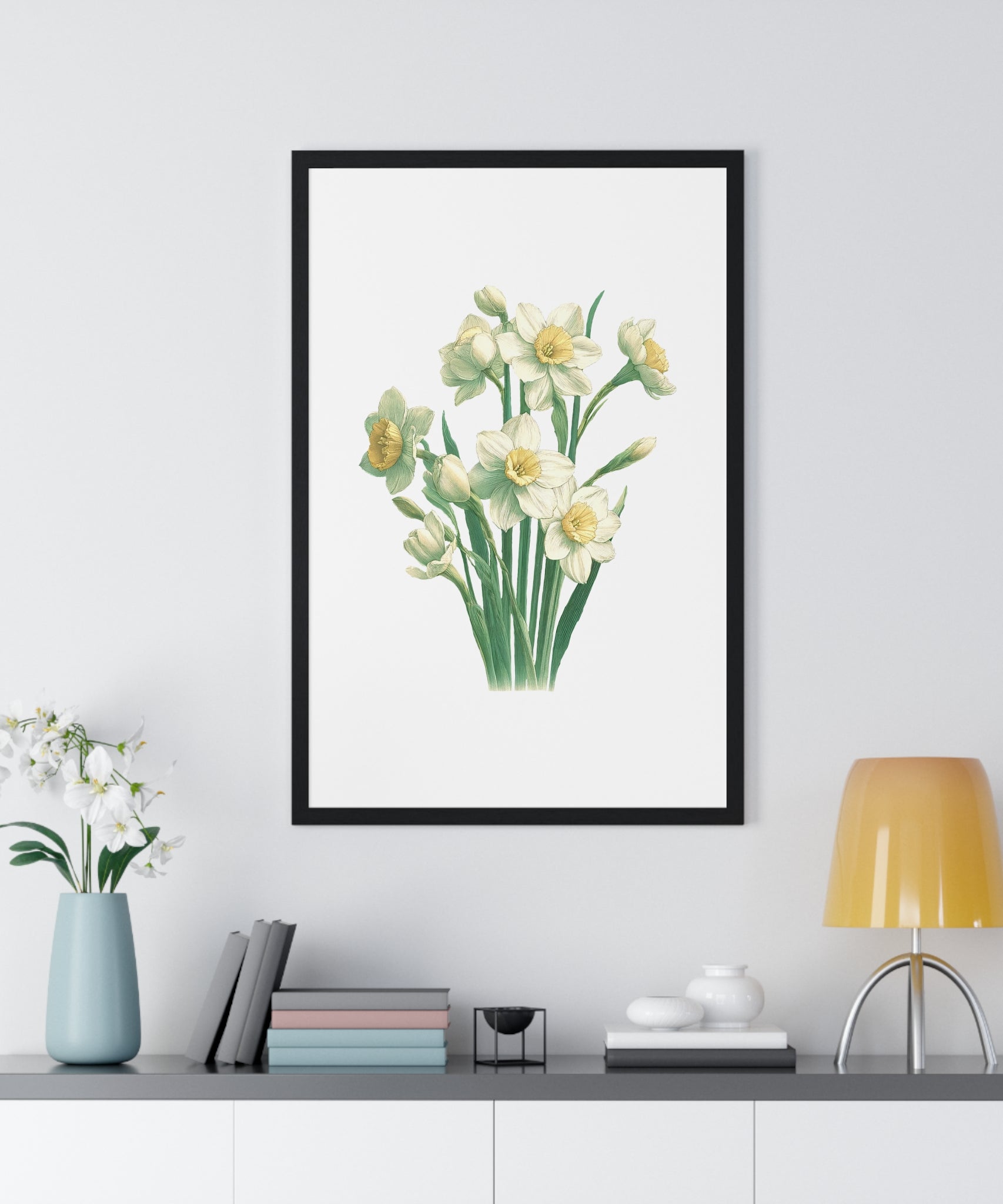 December Birth Month Flower Wall Art – Narcissus Botanical Illustration in Wooden Frame | Hope, Good Fortune & Renewal