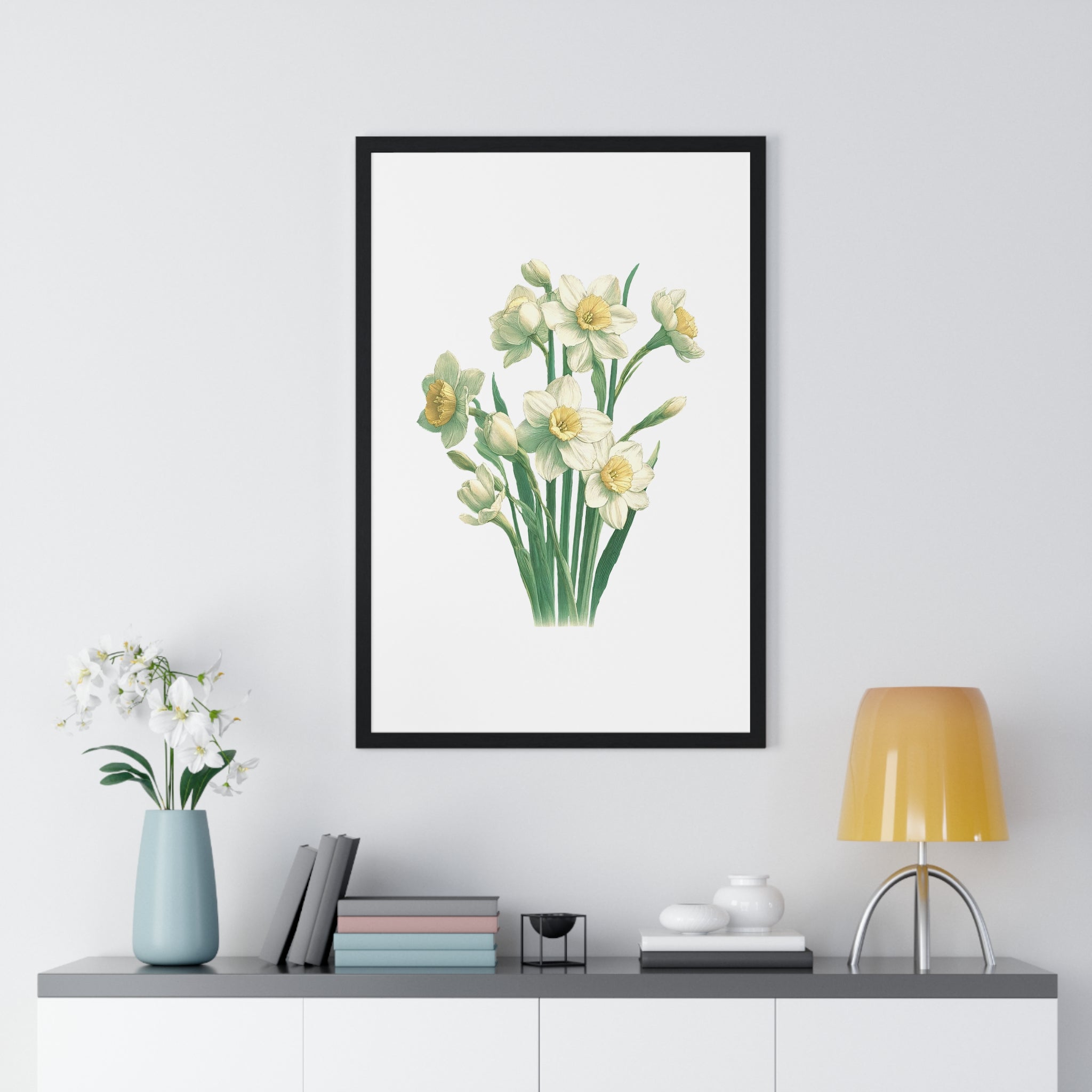 December Birth Month Flower Wall Art – Narcissus Botanical Illustration in Wooden Frame | Hope, Good Fortune & Renewal