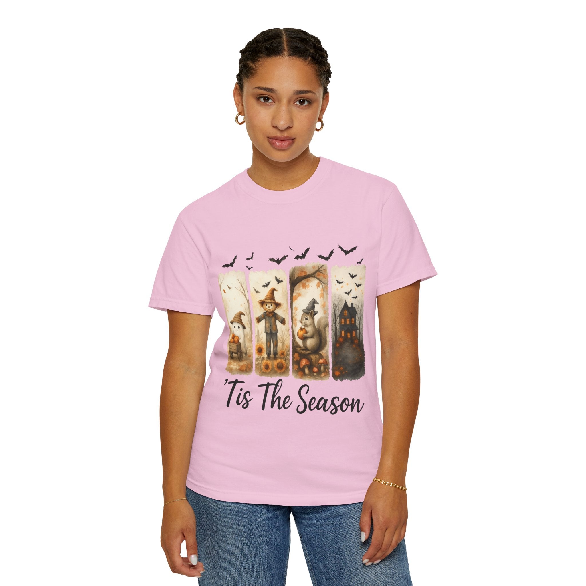 Tis The Season Fall Halloween T-Shirt – Cute Ghost, Scarecrow, Squirrel & Haunted House Design