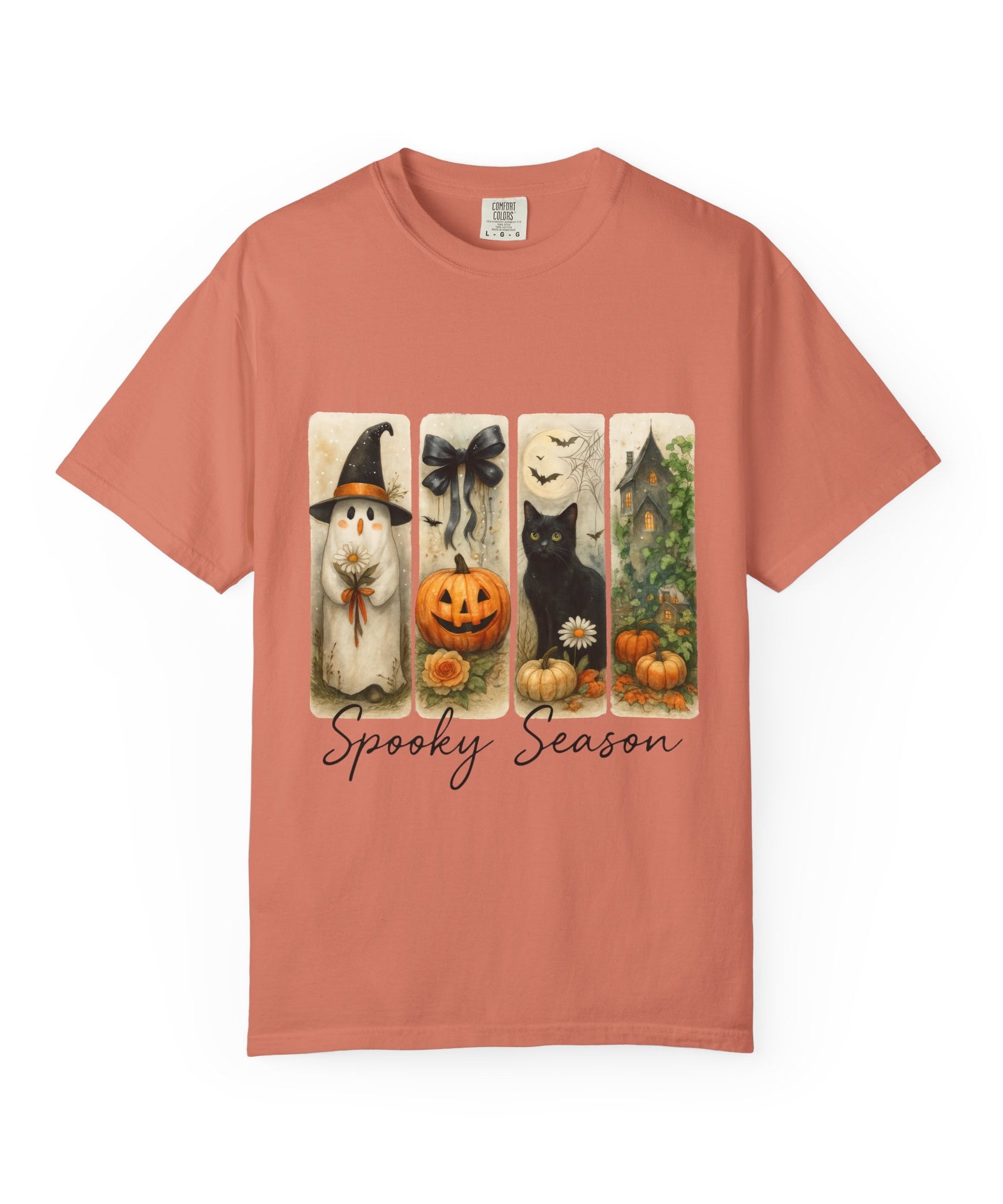 Vintage Halloween Unisex T-Shirt – Cute Ghost, Black Cat, Pumpkin & Haunted House Art - Gallory Hive