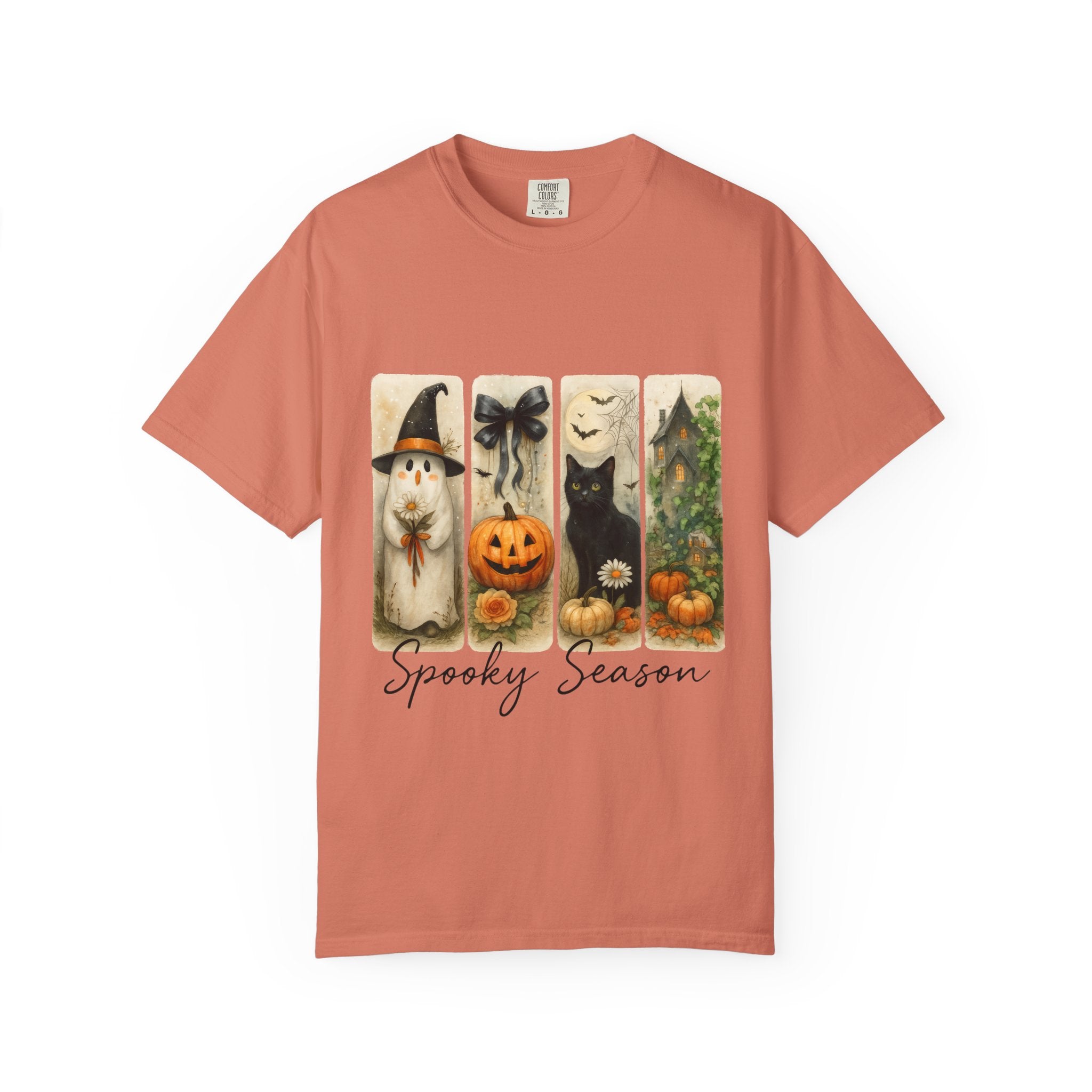 Vintage Halloween Unisex T-Shirt – Cute Ghost, Black Cat, Pumpkin & Haunted House Art