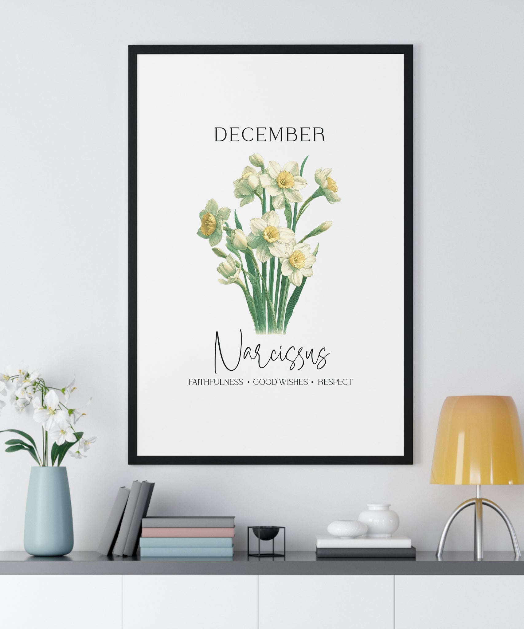 December Birth Month Flower Wall Art – Narcissus Illustration in Wooden Frame | Faithfulness, Good Wishes & Respect