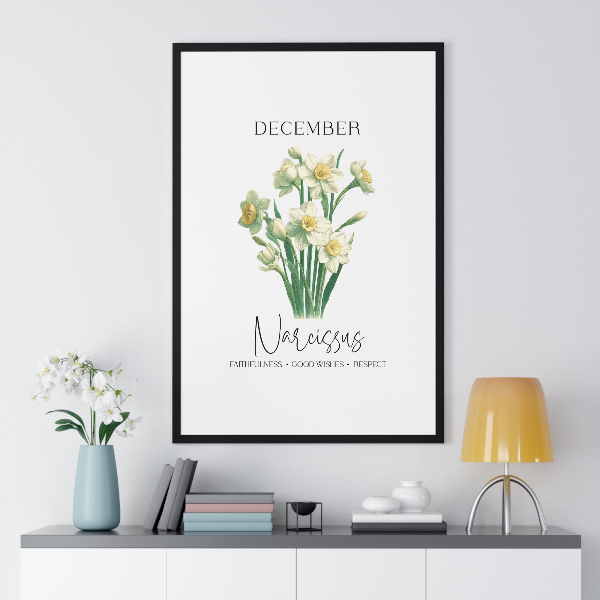 December Birth Month Flower Wall Art – Narcissus Illustration in Wooden Frame | Faithfulness, Good Wishes & Respect