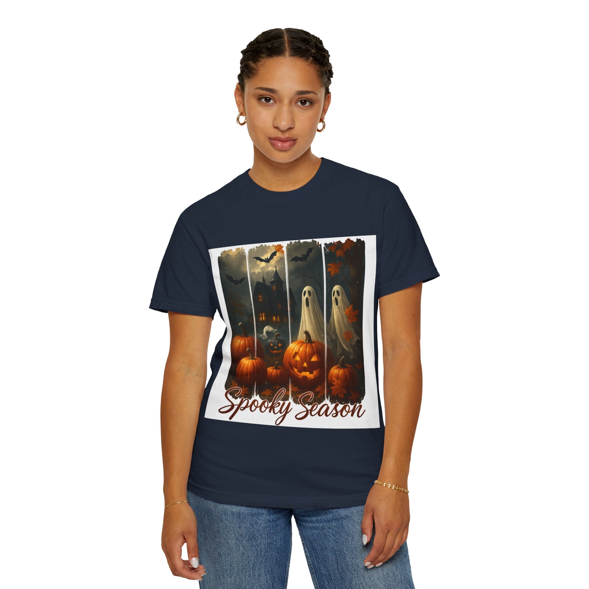 Spooky Season Unisex Halloween T-Shirt – Haunted House, Pumpkins & Ghosts Fall Design