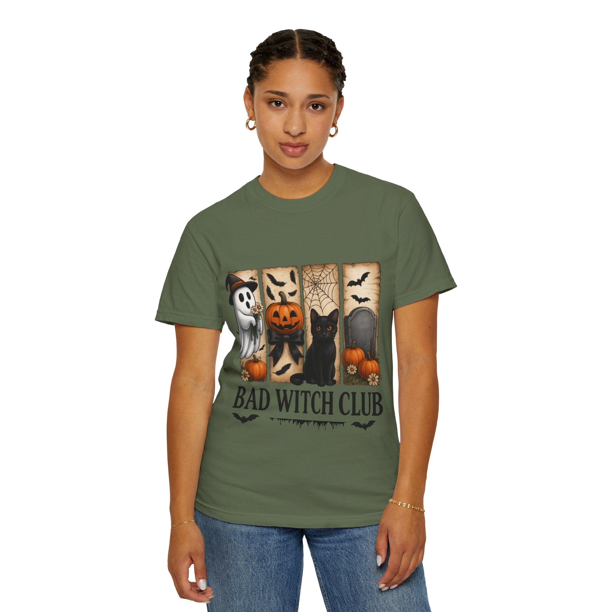Bad Witch Club Halloween T-Shirt – Cute Ghost, Black Cat, Pumpkin & Spooky Gothic Design