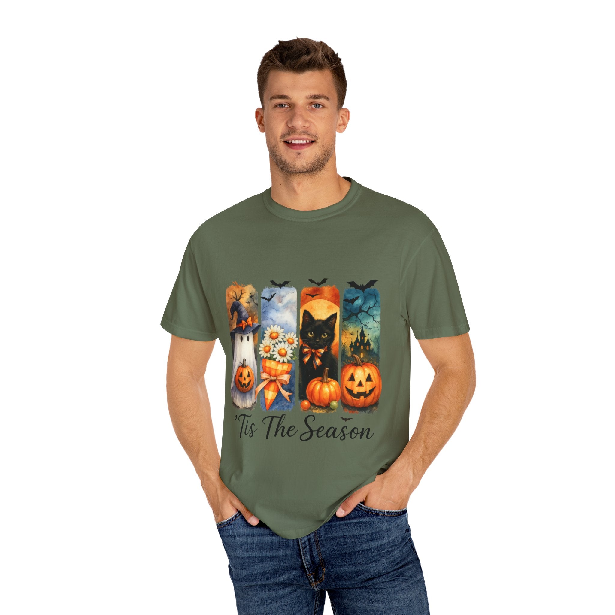 Whimsical Halloween T-Shirt – Ghost, Black Cat, Pumpkins & Haunted House Design - Gallory Hive
