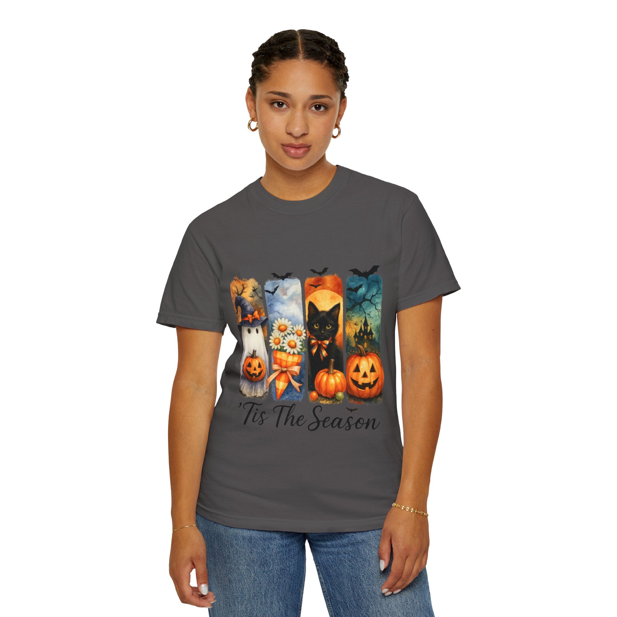 Whimsical Halloween T-Shirt – Ghost, Black Cat, Pumpkins & Haunted House Design