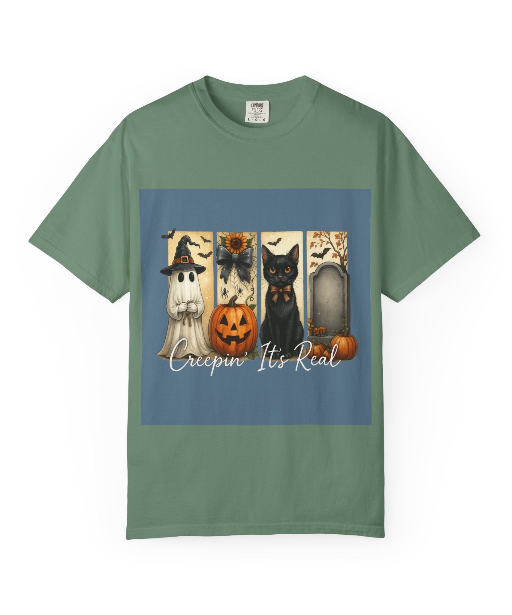 Creepin’ It’s Real Halloween T-Shirt – Cute Ghost, Pumpkin, Black Cat & Tombstone Design - Gallory Hive
