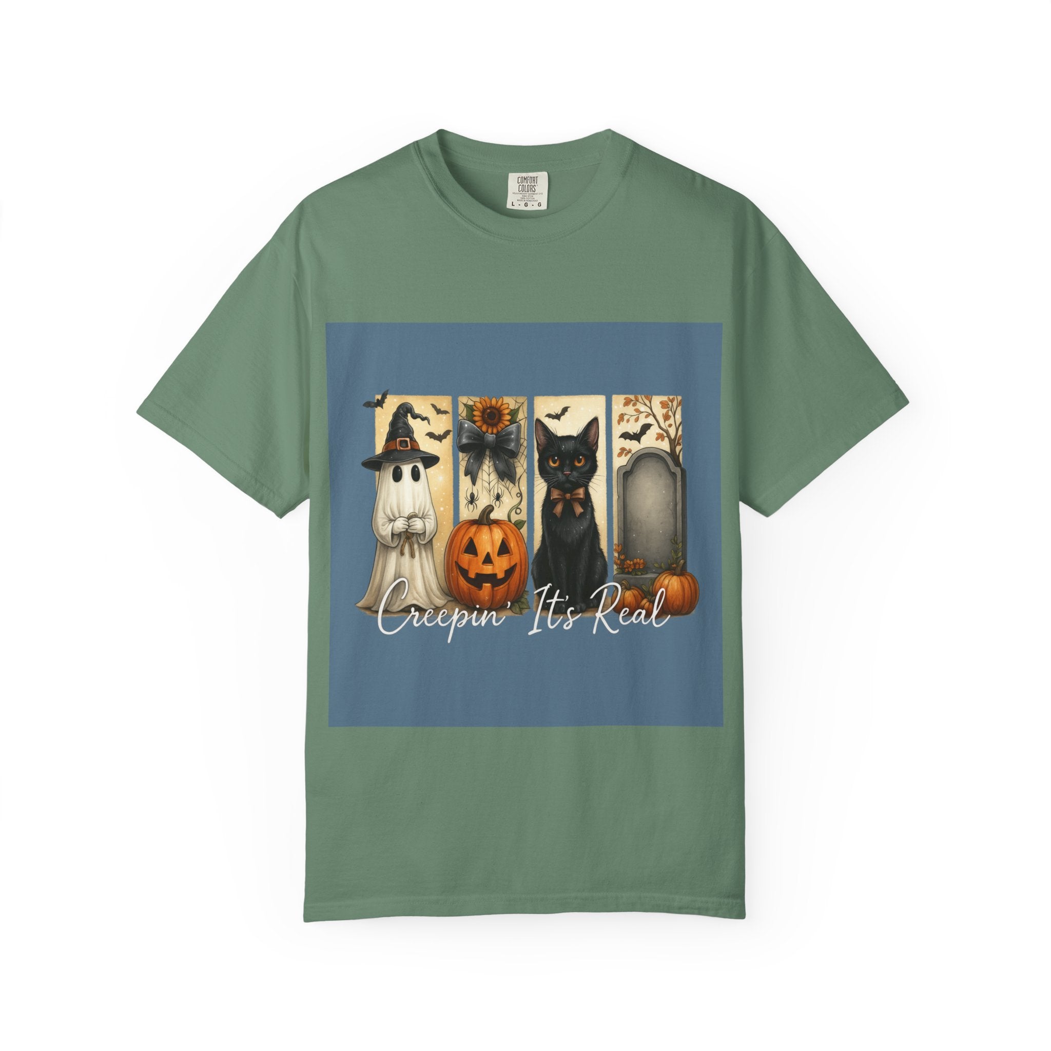 Creepin’ It’s Real Halloween T-Shirt – Cute Ghost, Pumpkin, Black Cat & Tombstone Design