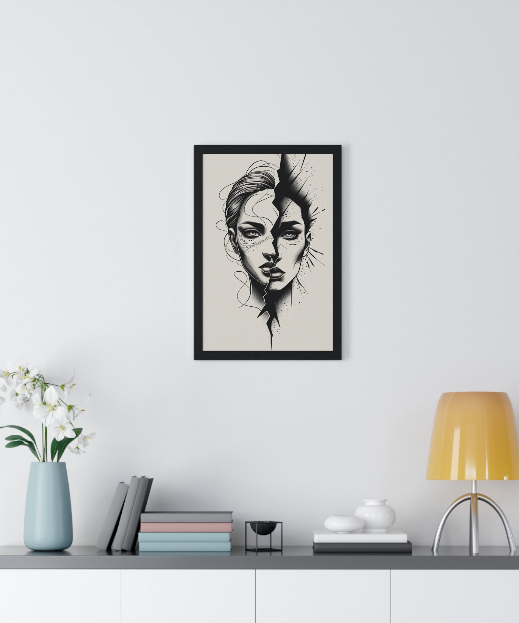 Framed Art Print, Modern Wall Decor, Home Office Gift, Minimalist Split Face Poster, Stylish Artwork - Gallory Hive