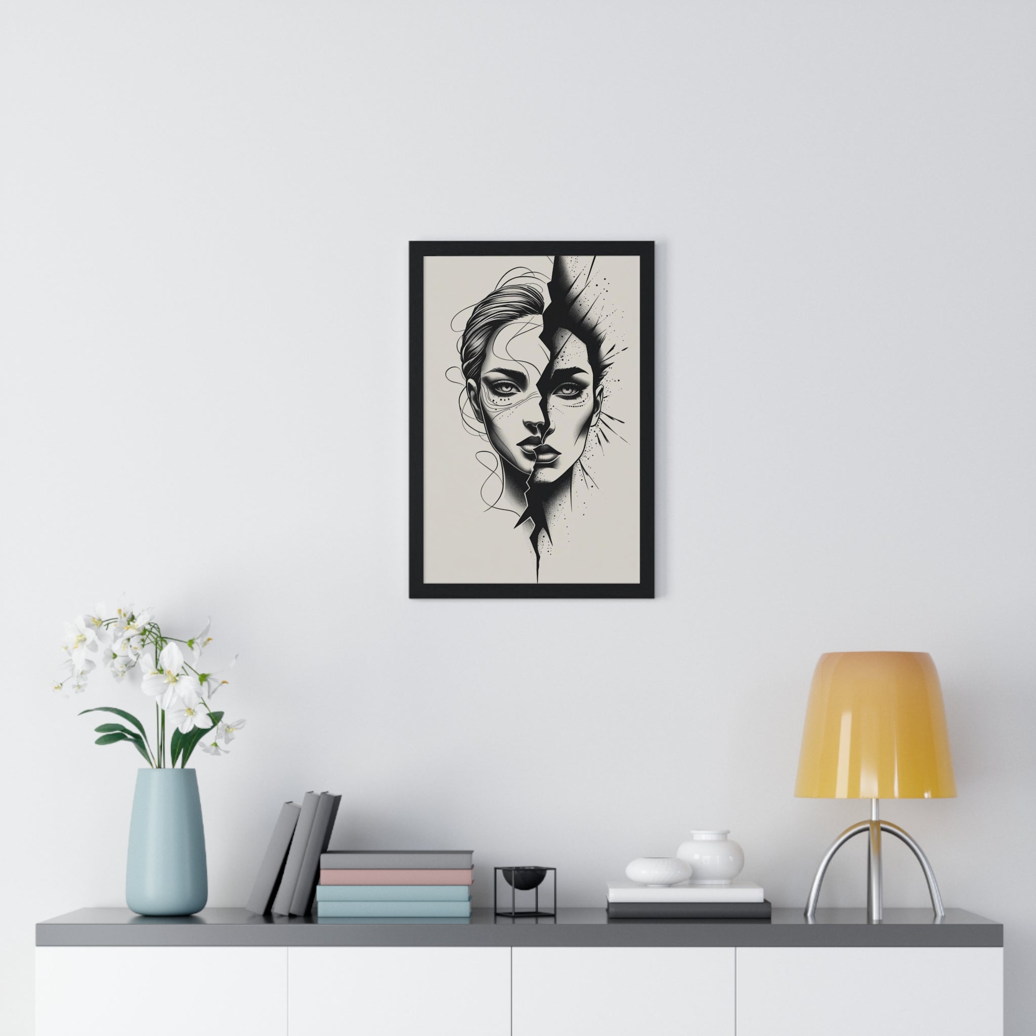 Framed Art Print, Modern Wall Decor, Home Office Gift, Minimalist Split Face Poster, Stylish Artwork