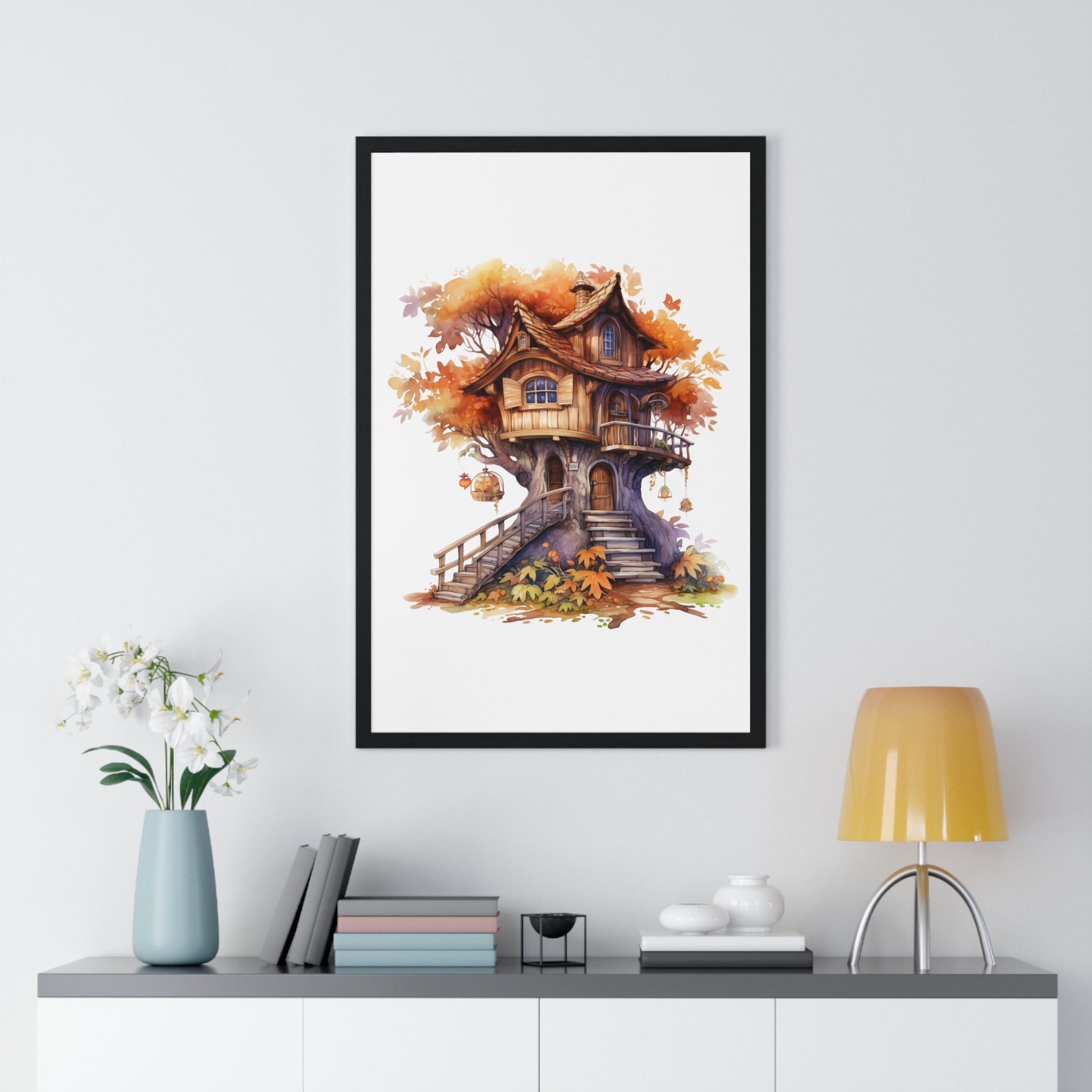 Whimsical Autumn Treehouse Wall Art – Fantasy Forest Cottage with Lanterns & Birdcages | Wooden Frame Seasonal Decor