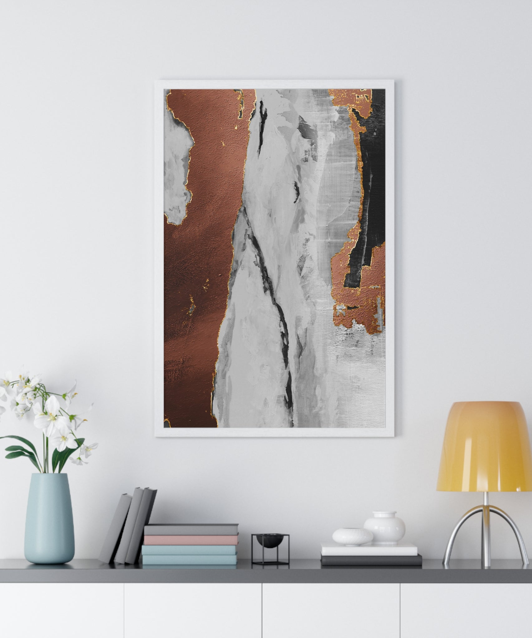 Luxury Abstract Wall Art Poster – Metallic Copper & Marble Texture on Wooden Frame – Modern Home Décor