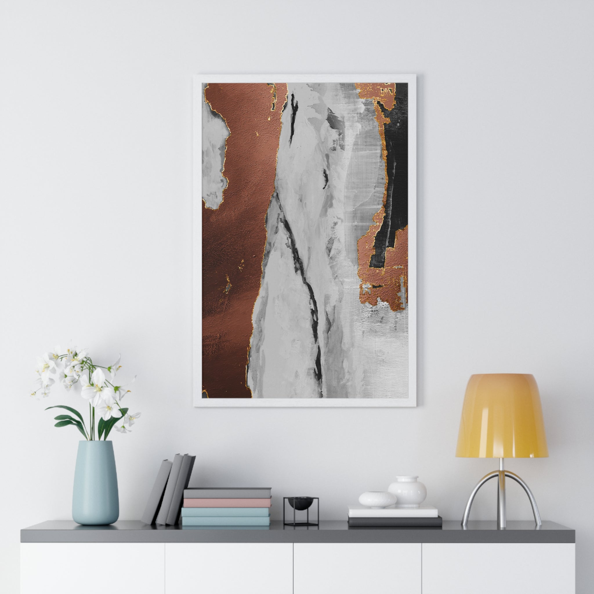 Luxury Abstract Wall Art Poster – Metallic Copper & Marble Texture on Wooden Frame – Modern Home Décor