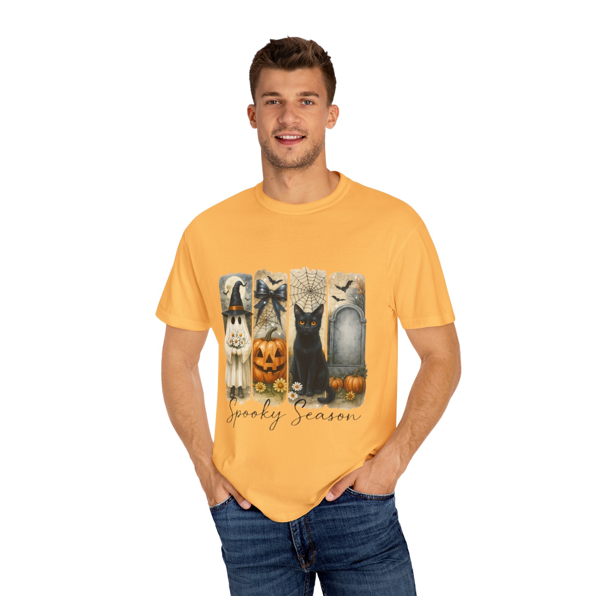 Spooky Season Halloween Unisex T-Shirt – Ghost, Black Cat & Pumpkin Design