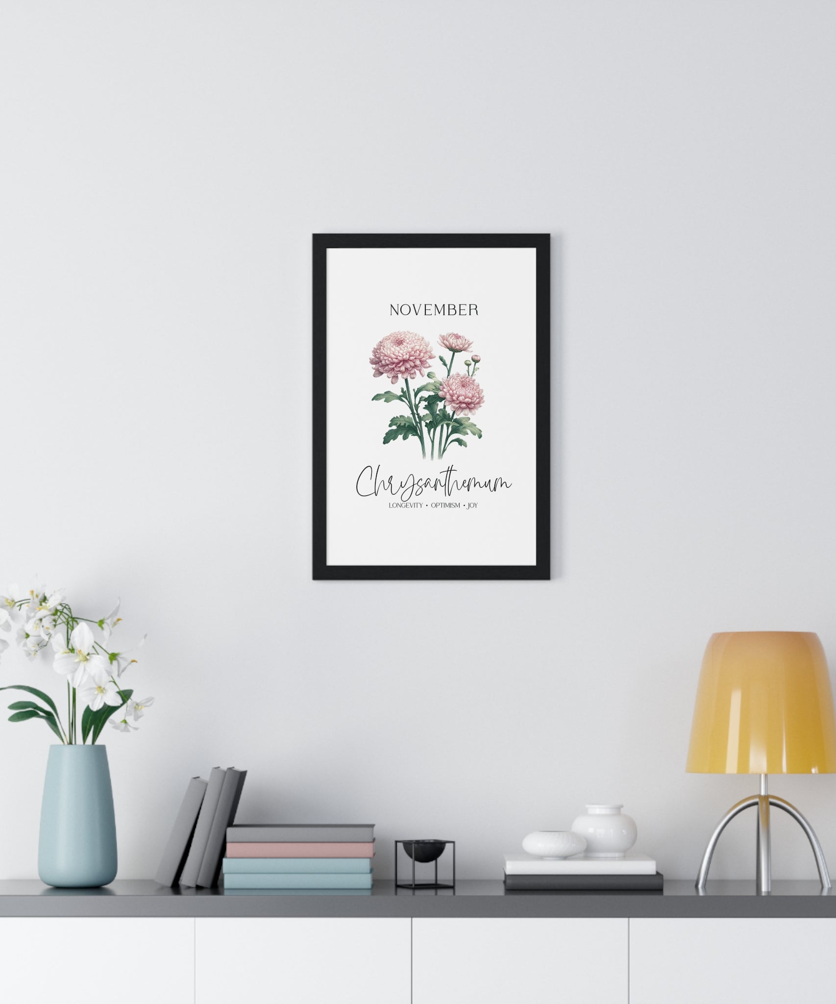 November Birth Month Flower Wall Art – Chrysanthemum Illustration in Wooden Frame | Longevity, Optimism & Joy