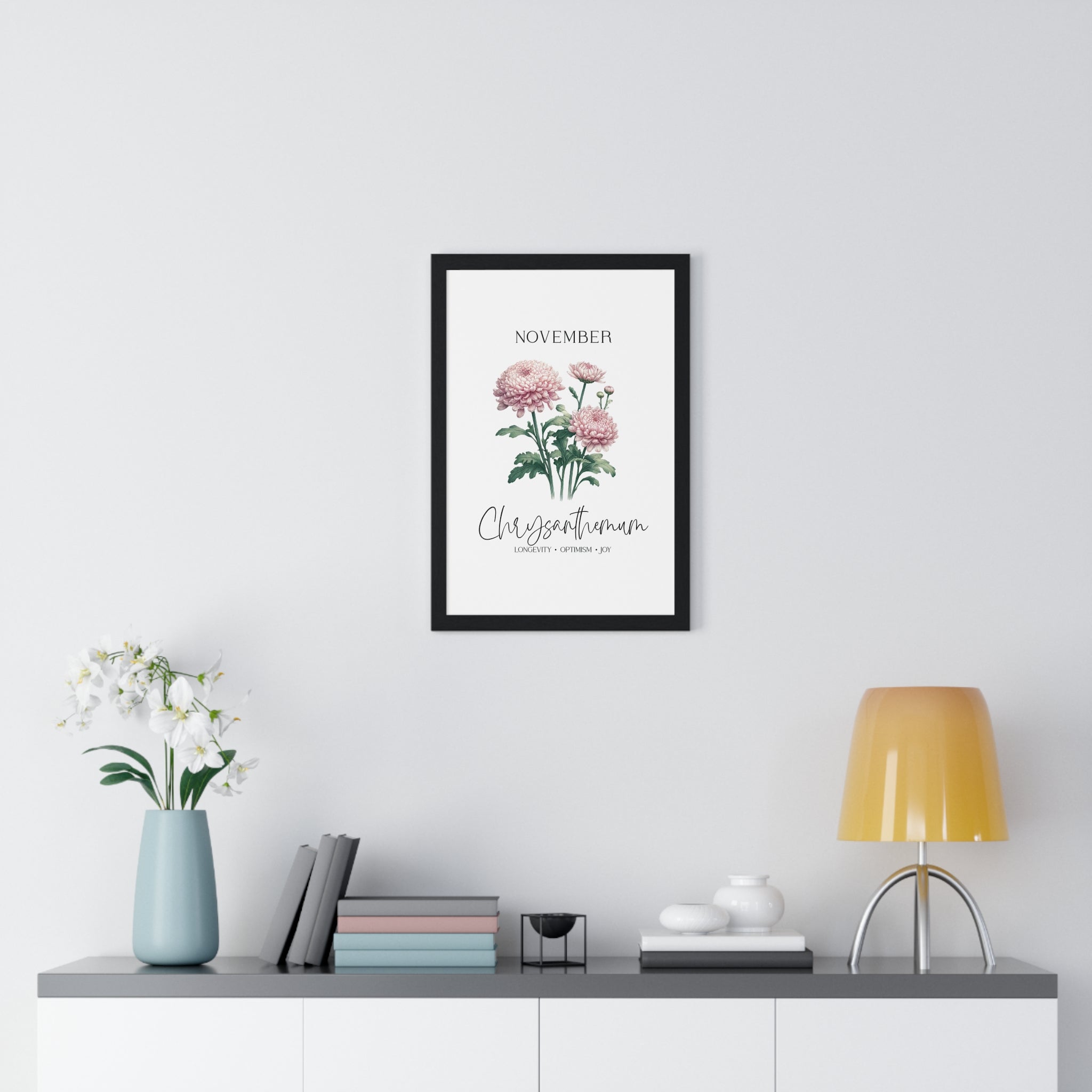 November Birth Month Flower Wall Art – Chrysanthemum Illustration in Wooden Frame | Longevity, Optimism & Joy