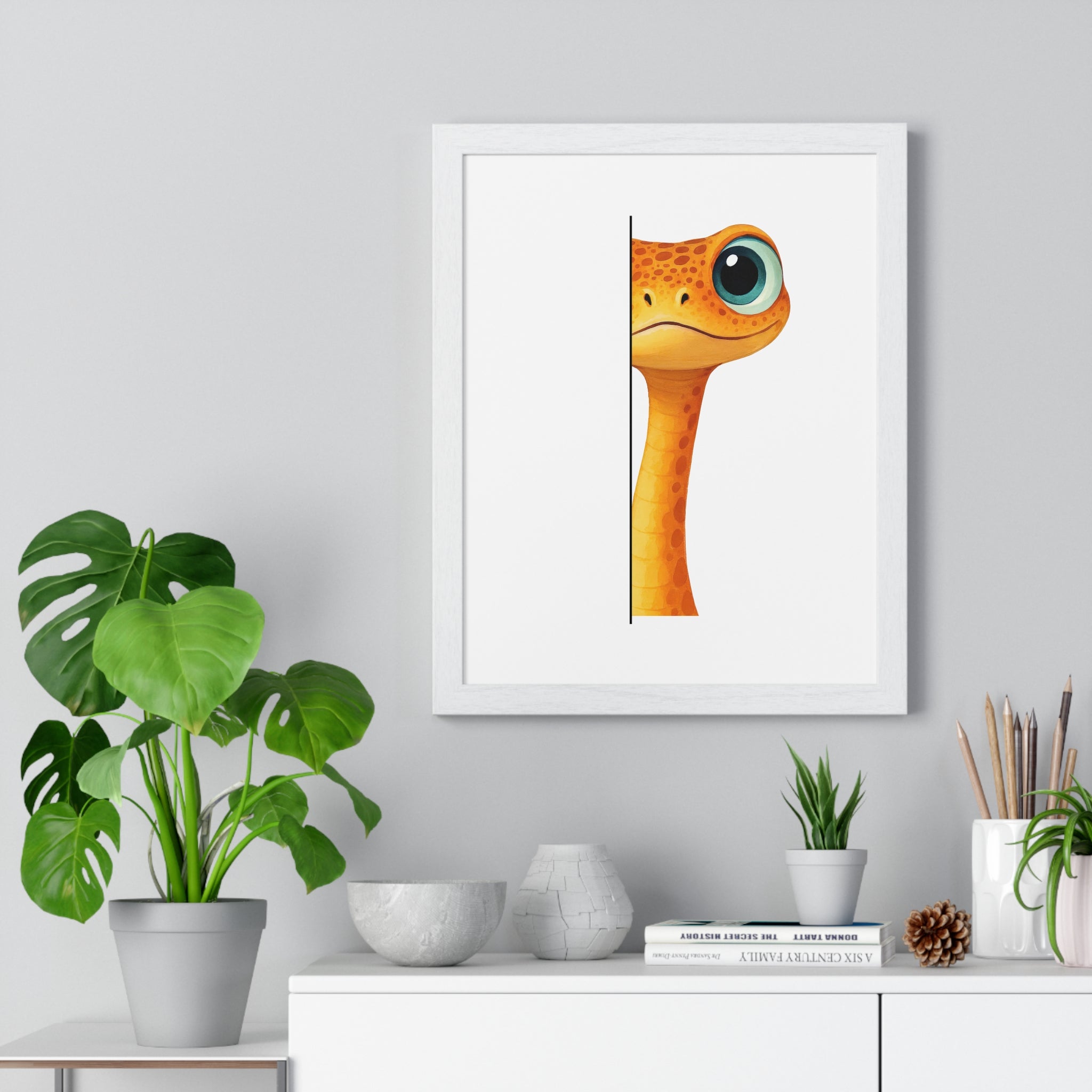 Wooden Frame Wall Decor with Cute Gecko Print