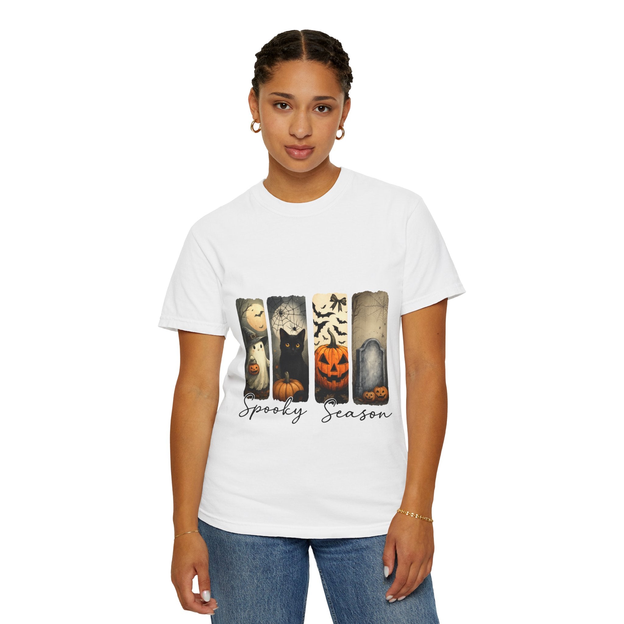 Halloween Night Unisex T-Shirt – Ghost, Black Cat, Pumpkin & Tombstone Vintage Art