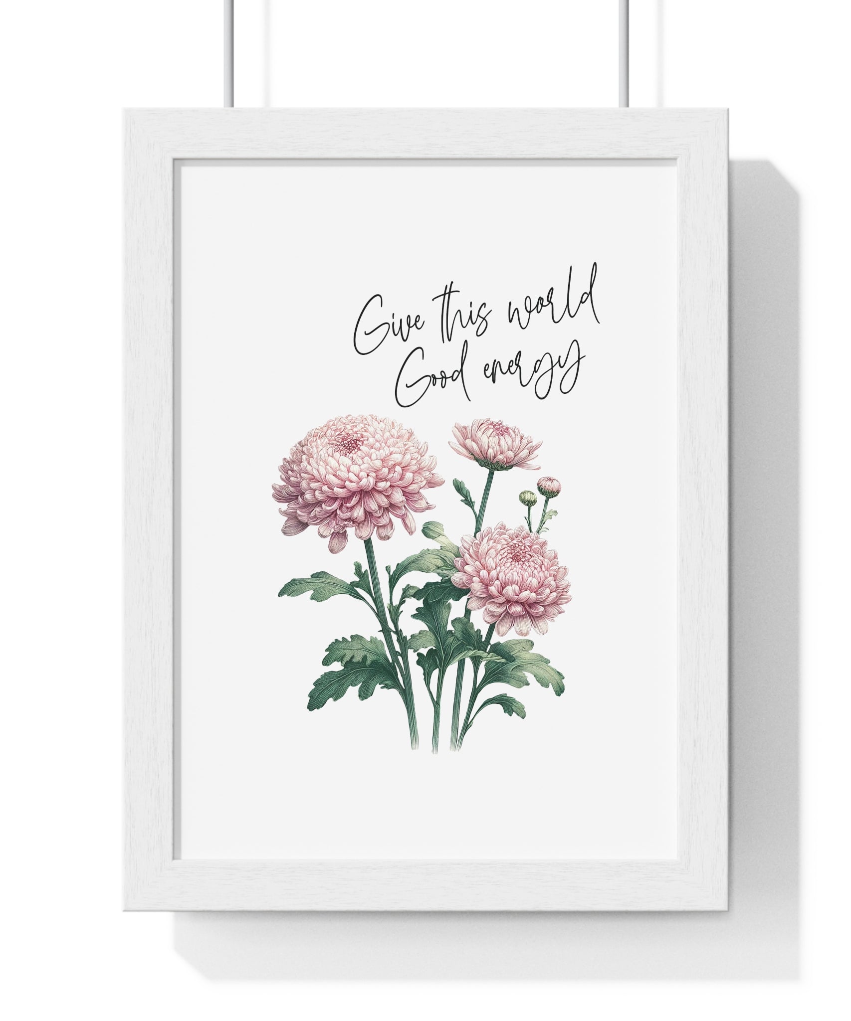 November Birth Month Flower Wall Art – Chrysanthemum Illustration with Inspirational Quote in Wooden Frame | Good Energy & Joy