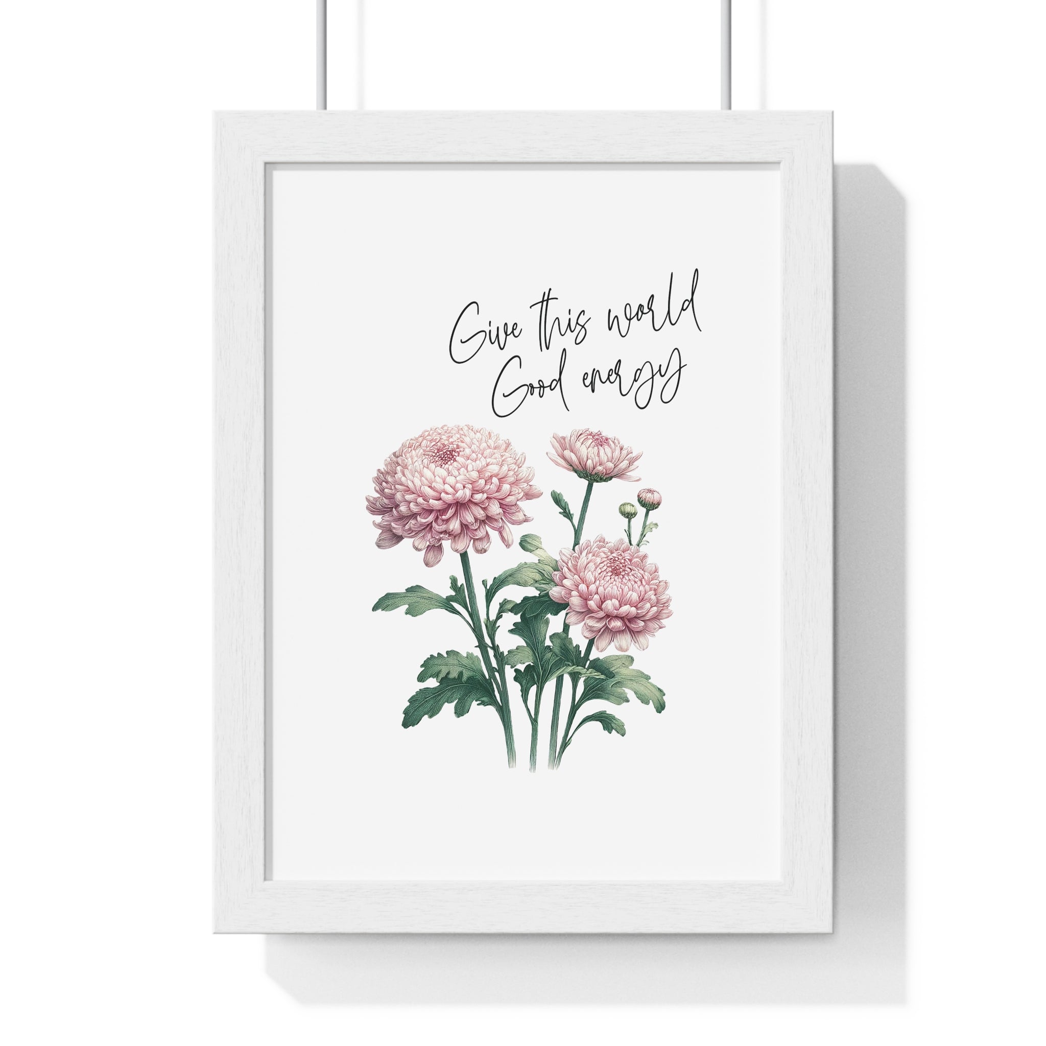 November Birth Month Flower Wall Art – Chrysanthemum Illustration with Inspirational Quote in Wooden Frame | Good Energy & Joy