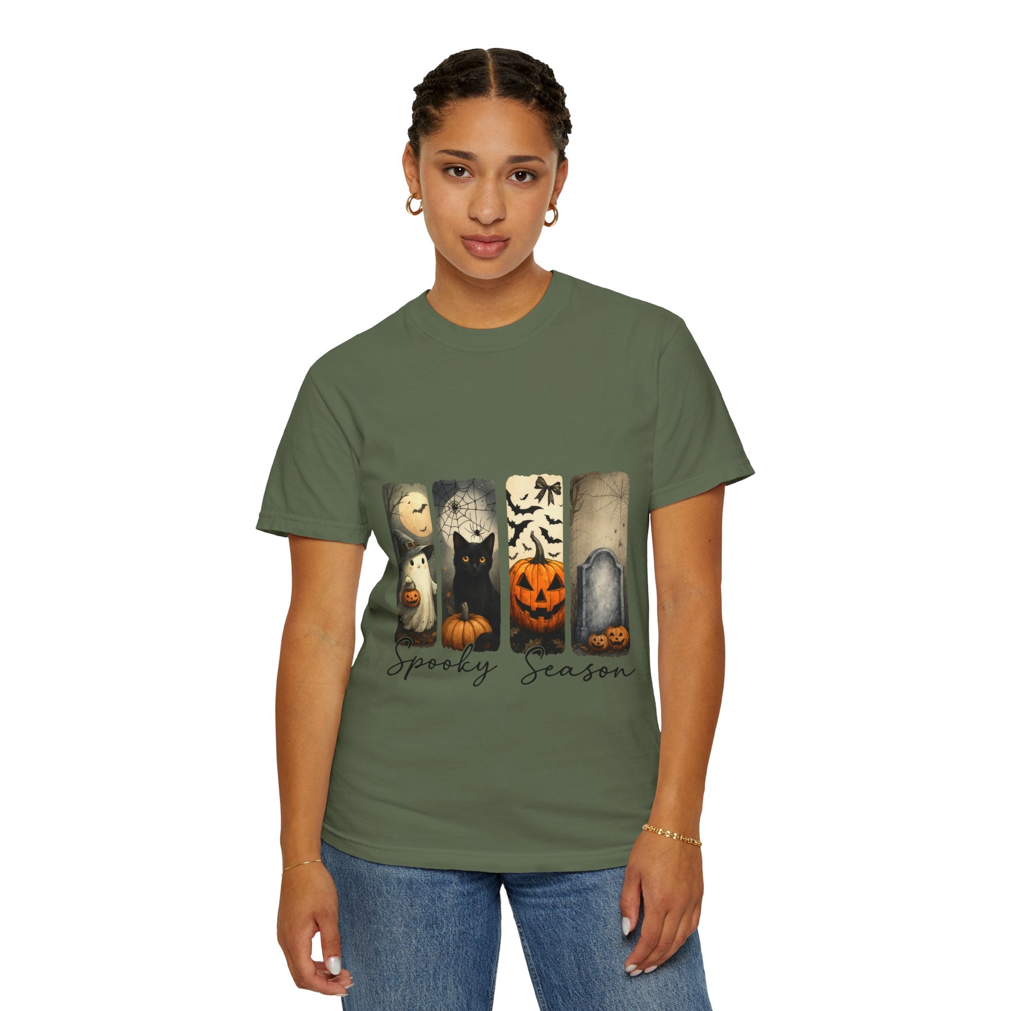 Halloween Night Unisex T-Shirt – Ghost, Black Cat, Pumpkin & Tombstone Vintage Art