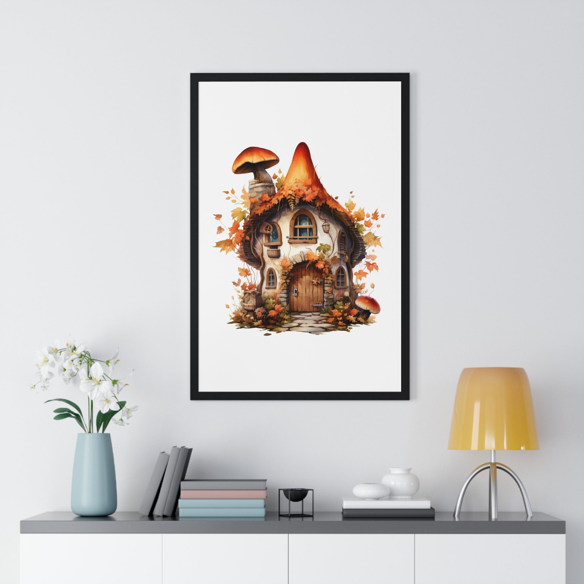 Whimsical Mushroom Cottage Wall Art – Autumn Fantasy House with Pumpkins & Lantern | Wooden Frame Poster for Seasonal Decor