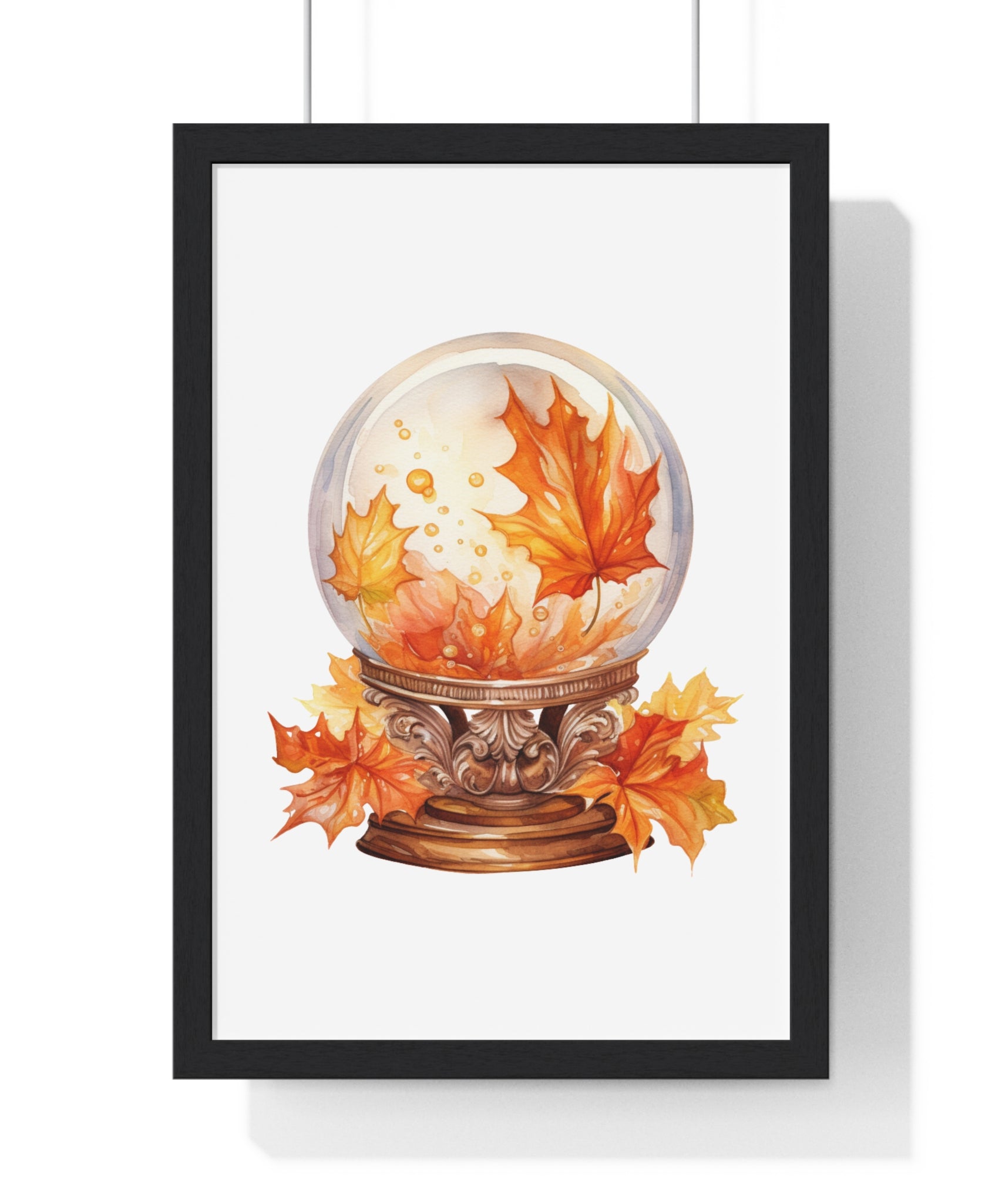 Floating Leaves Snow Globe Wall Art – Ornate Autumn Fantasy Poster | Wooden Frame Seasonal Home Decor