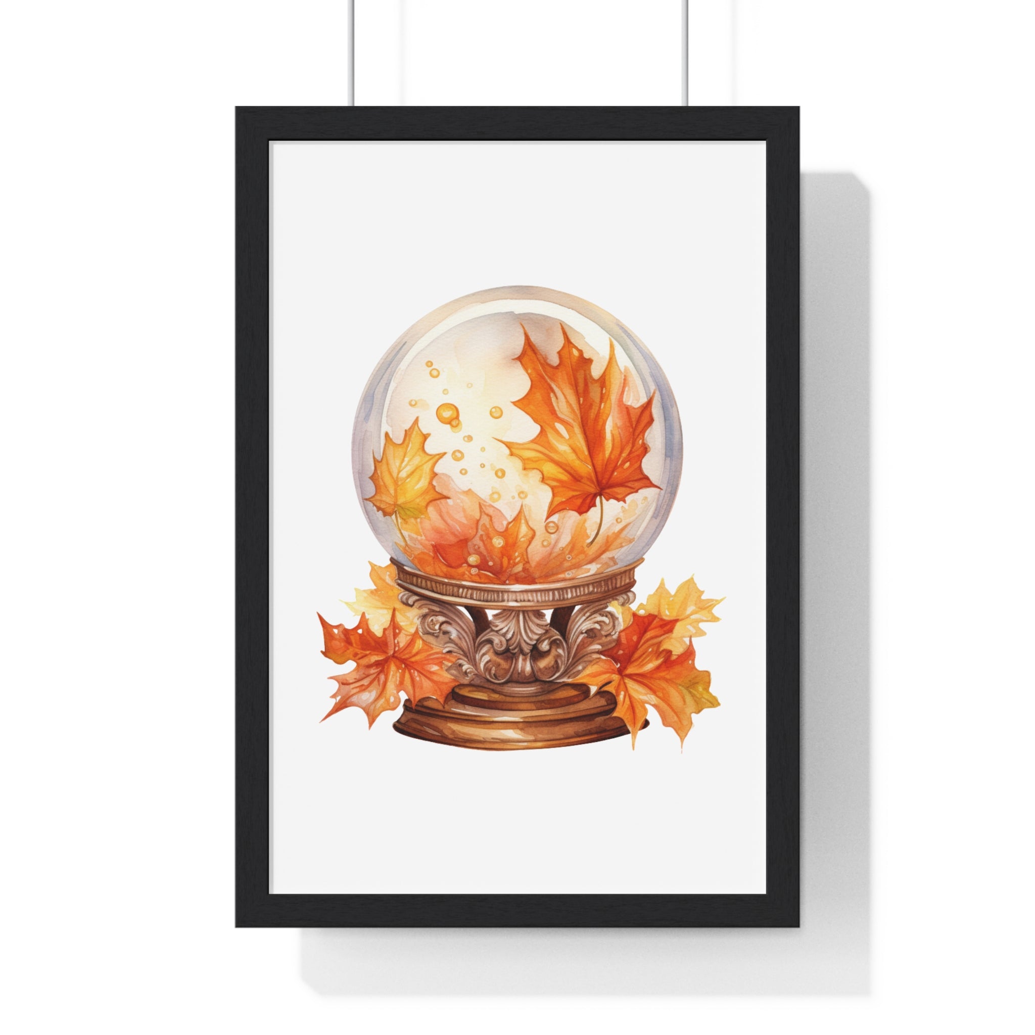 Floating Leaves Snow Globe Wall Art – Ornate Autumn Fantasy Poster | Wooden Frame Seasonal Home Decor