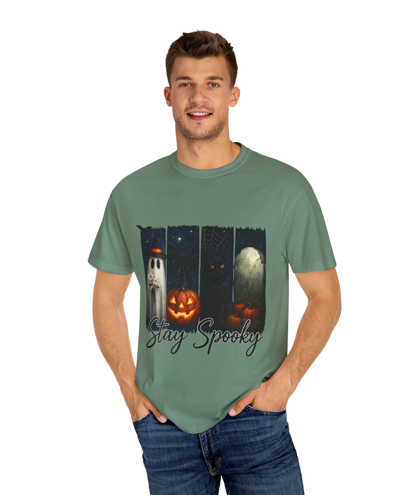 Stay Spooky Halloween T-Shirt – Cute Ghost, Black Cat, Pumpkin & Graveyard Design - Gallory Hive